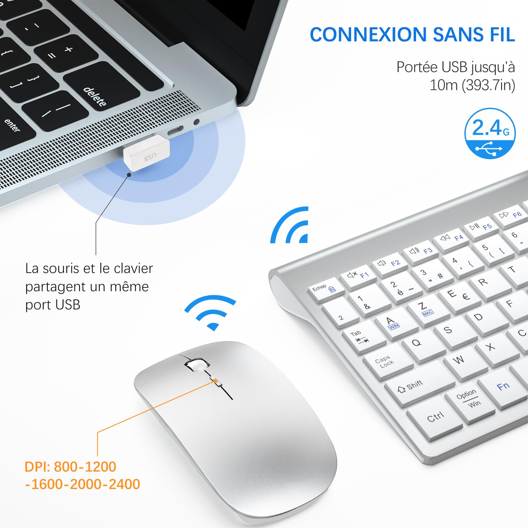 Combo Clavier Souris sans Fil Ultra Fin avec Double Système - Blanc Argenté