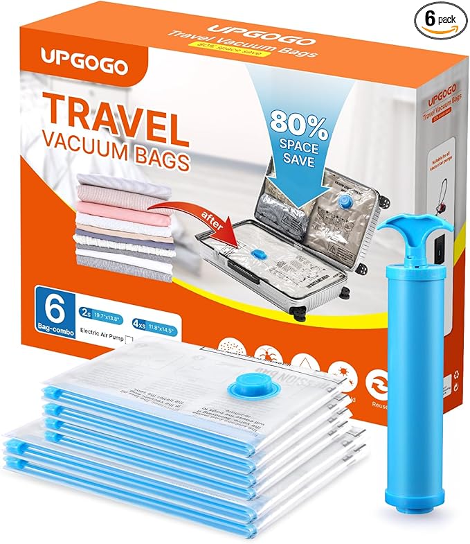 Vacuum Travel Bags for Luggage,Travel Vacuum Bags with Hand Pump,Vacuum Seal Bags for Clothing,Space Saver Vacuum Storage Bags,Travel Essentials,Clothes,Blankets,Pillows (Combo 6 Pack)