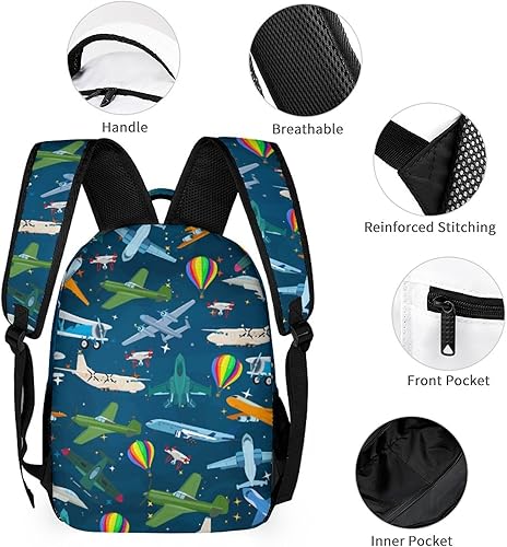 Miniatura 3 de Mochila de 3 piezas de dibujos animados para laptop, mochila duradera de 17 pulgadas, elegante mochila de hombros con múltiples bolsillos, Aviones y