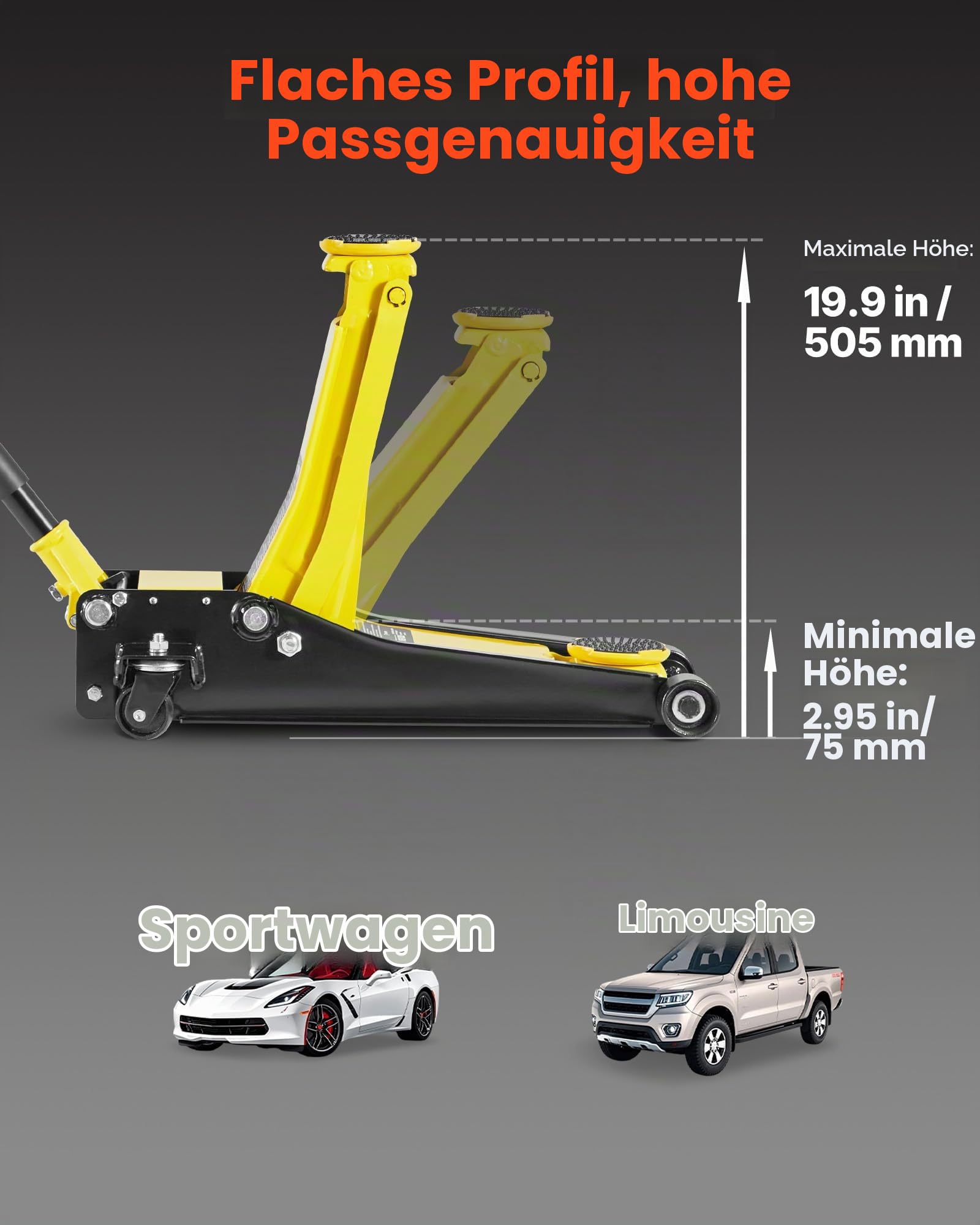 VEVOR Rangierwagenheber Wagenheber mit niedrigem Profil 2 t, Doppelkolben-Schnellhubpumpe, 75-505 mm Hubbereich, hydraulische Wagenheber für Sportwagen, Limousinen Rennwagenheber