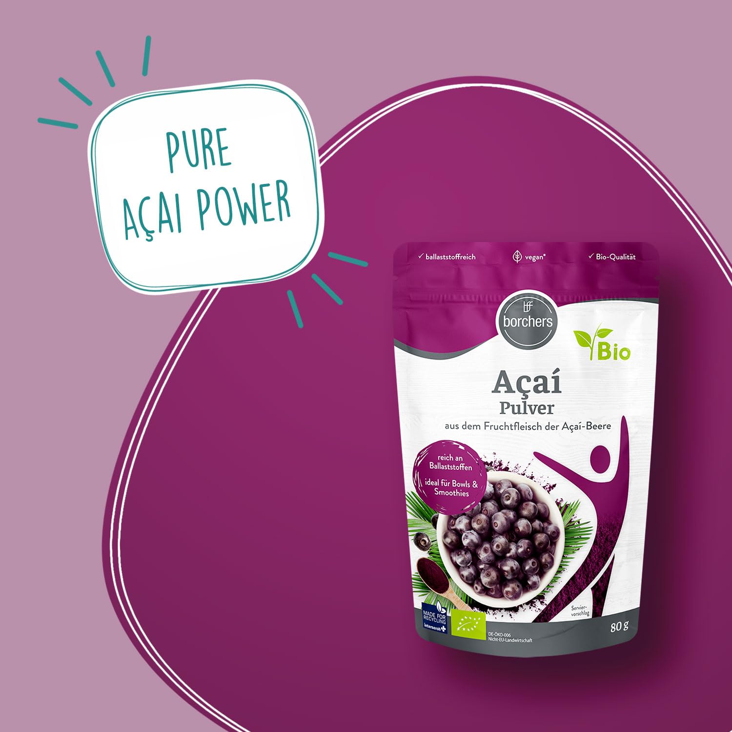 BORCHERS Bio Açaí-Pulver, 3x 80g, aus dem Fruchtfleisch der Açaí-Beere, gefriergetrocknet, Bio-Qualität, ballaststoffreich, vegan, für Drinks, Smoothies und Müsli