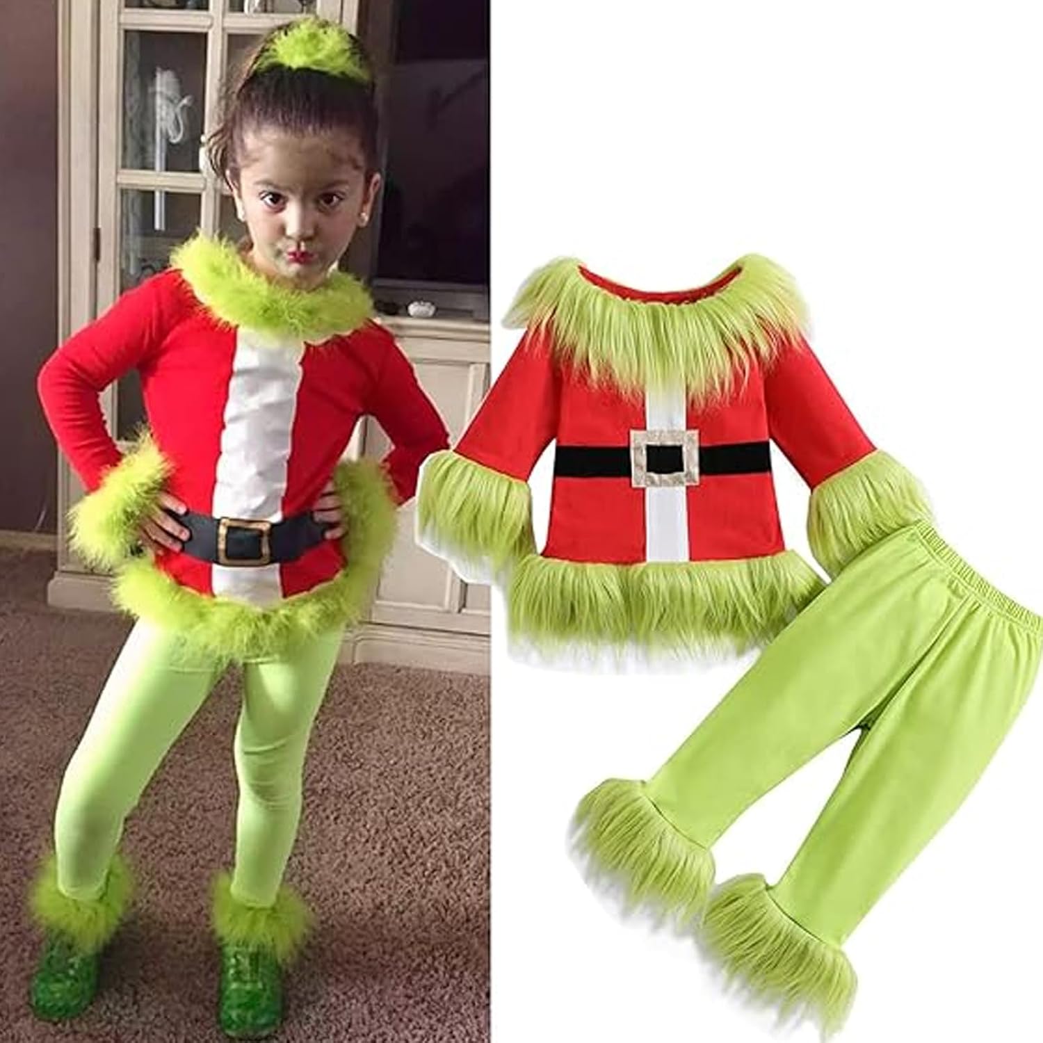 Nicoxijia Toddler Baby Boys Girls Christmas Cosplay Monster Costume Outfits Green Furry Santa Long Sleeve Tops and Pants Set