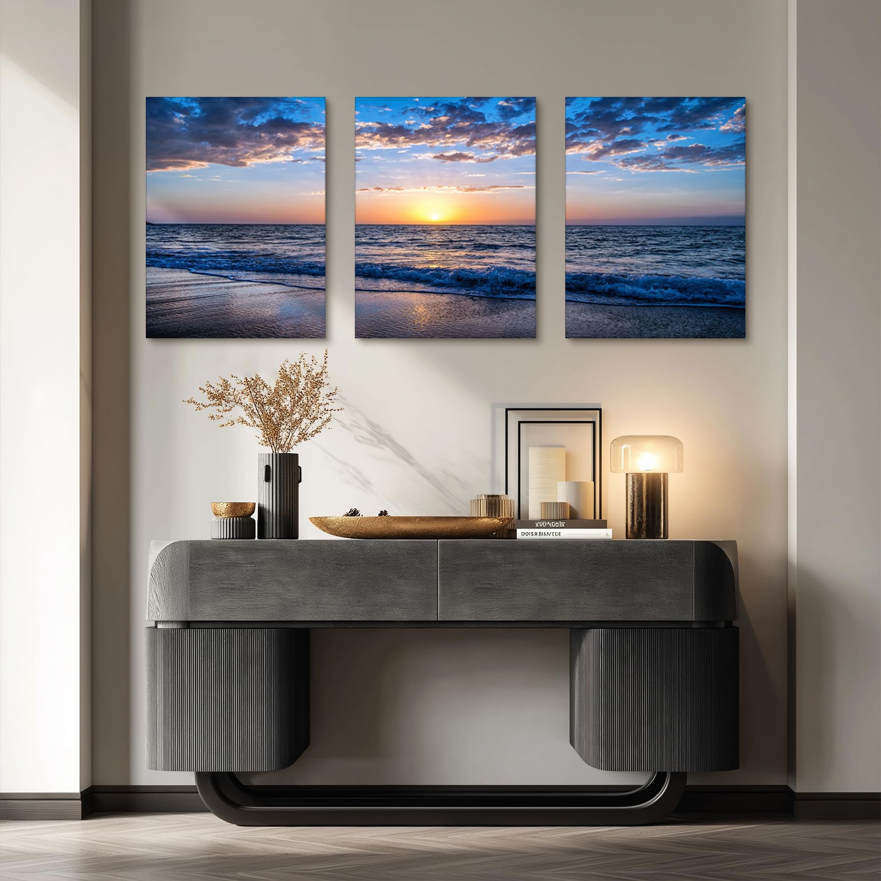 hyidecorart Quadro Moderno Soggiorno, 3 Pezzi Quadri Spiaggia Tramonto Stampe Su Tela, Decorazioni Camera Da Letto Bagno Cucina Ufficio Sala Da Pranzo Bar