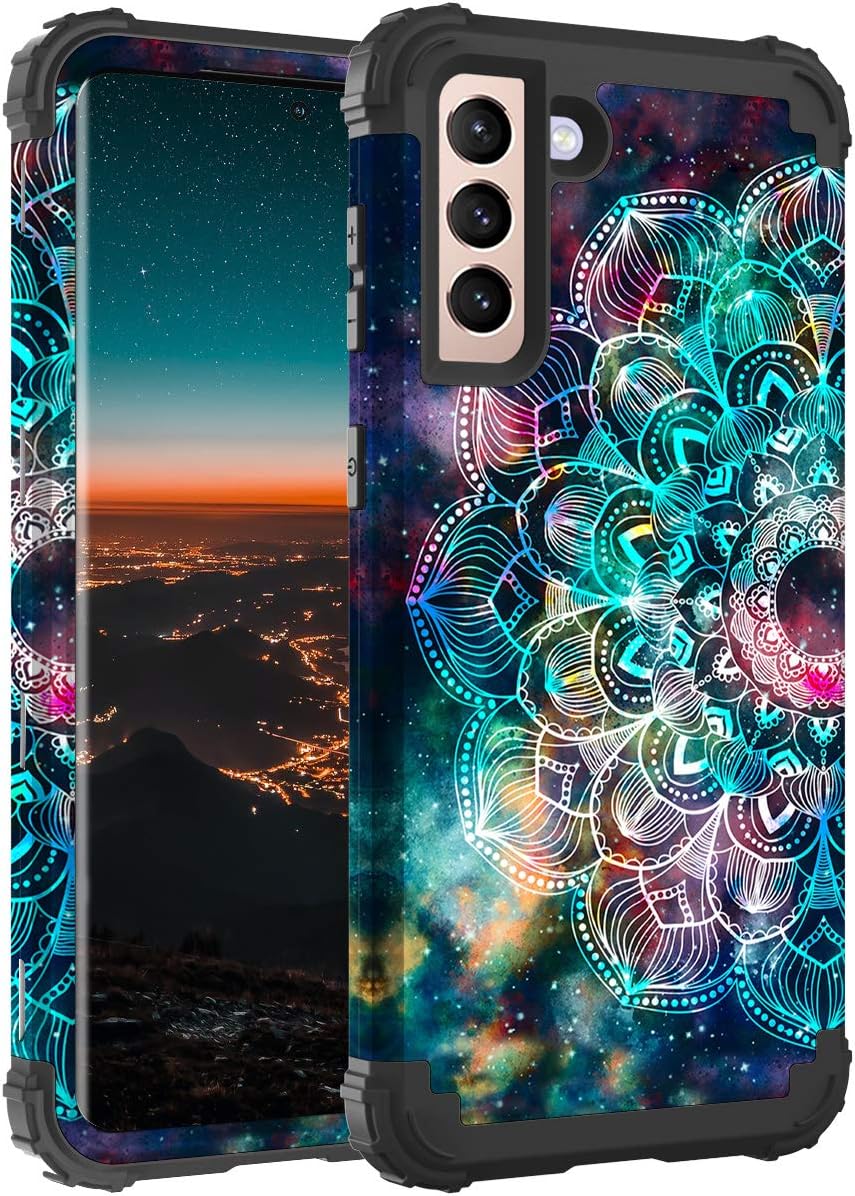 Hocase for Galaxy S21 5G Case, Shockproof Heavy Duty Soft Silicone Rubber+Hard Plastic Bumper Hybrid Dual-Layer Protective Case for Samsung Galaxy S21 (6.2" Display) - Mandala in Galaxy