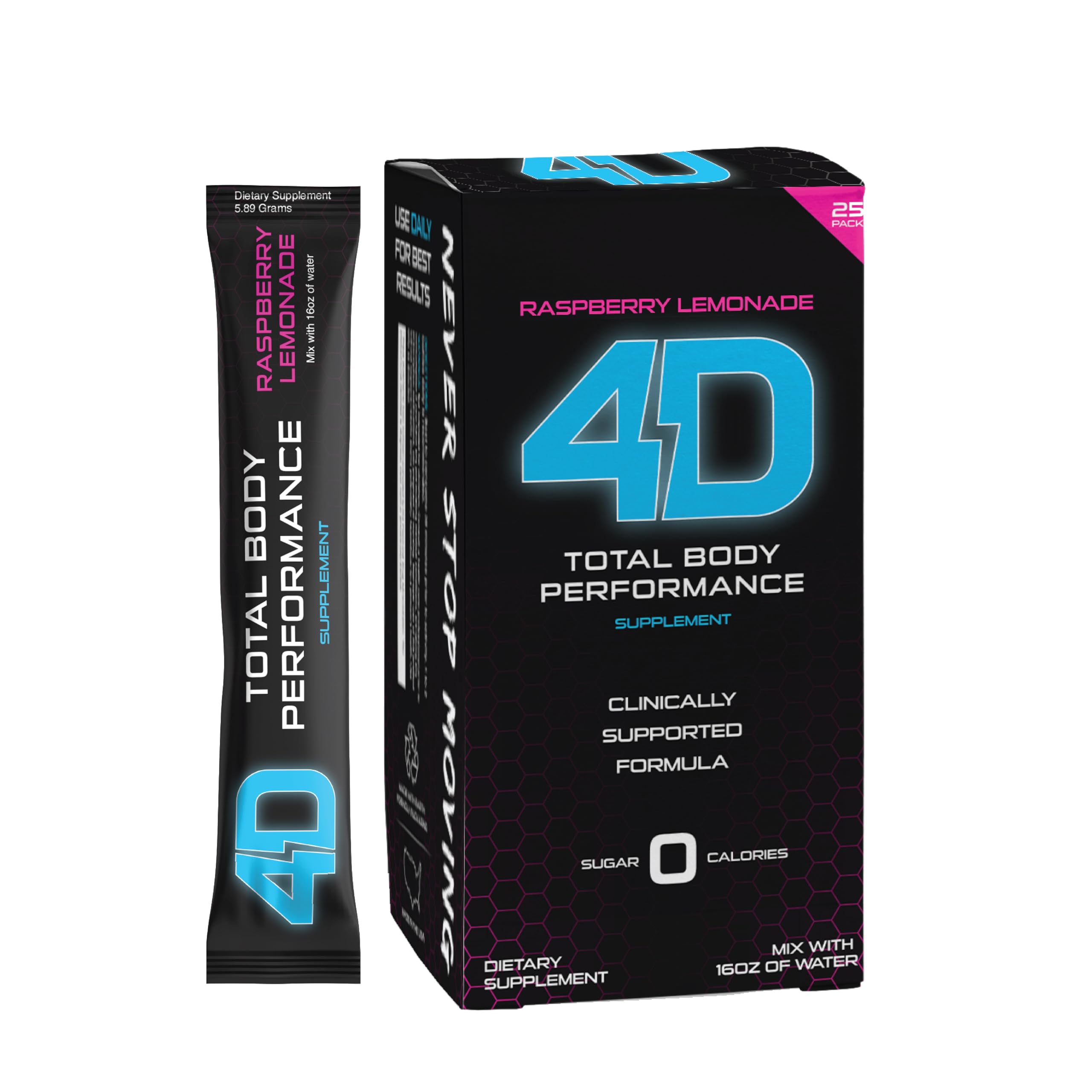 4D Clean Energy Drink Mix + Electrolytes + Immune Support + MultiVitamins + Joint and Skin Support (Raspberry Lemonade Flavor, 25 Pack)