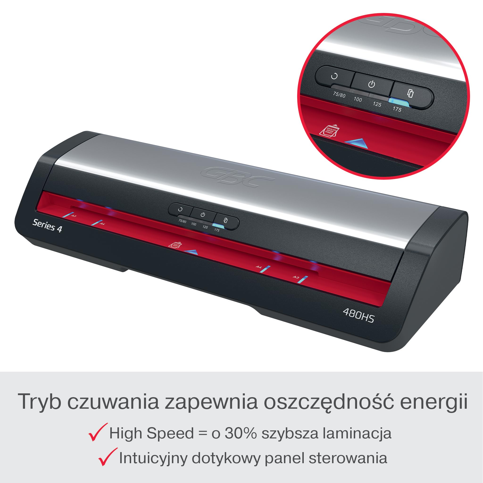 GBC 480HS Home Office Laminator A3 – Szybkie laminowanie, nagrzewanie w 1 minutę, 75–175 mikronów, funkcja przeciw zacięciom, auto wyłączanie, zawiera 5x folii A4, czarno-czerwony, 4410072EU