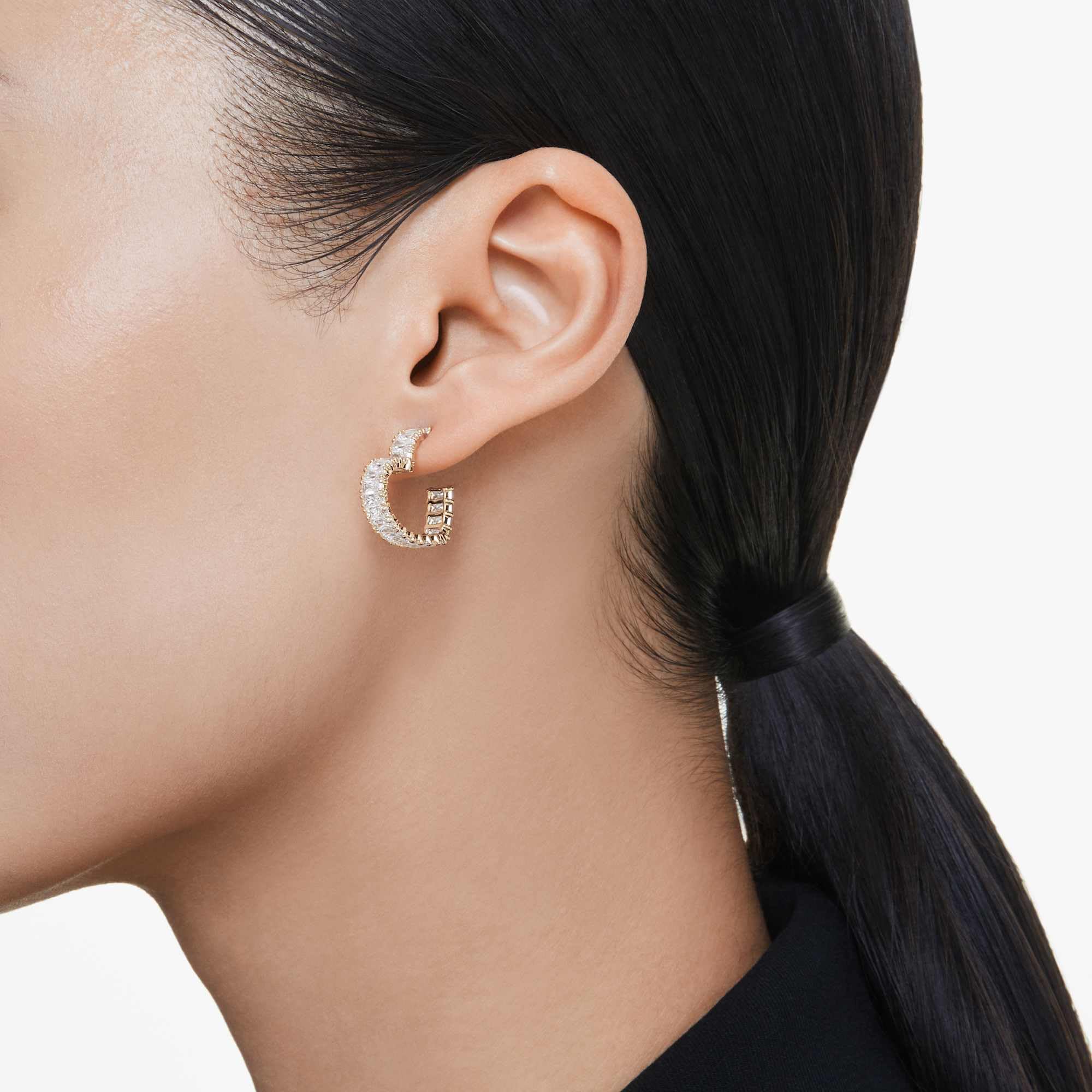 Swarovski Kolczyki kreole Matrix, Szlif schodkowy typu baguette, Serce, Małe, Białe, Powłoka w odcieniu złota