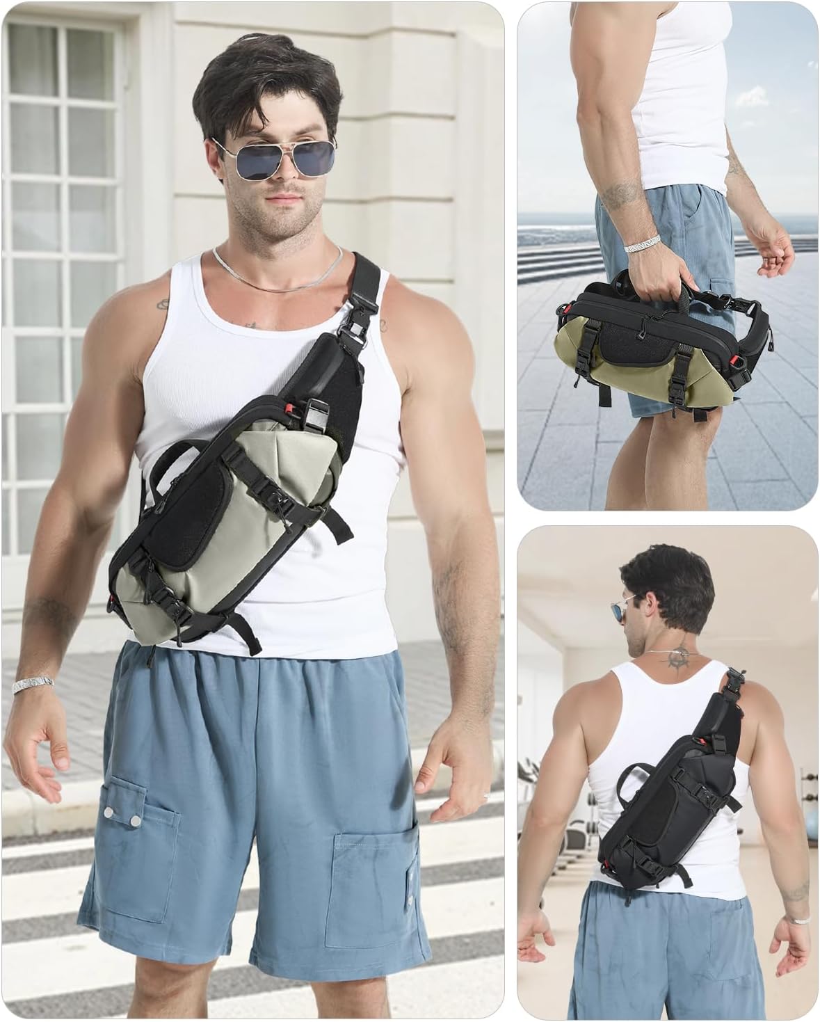Travel Sling Bag, Anti-Theft Crossbody Fanny Pack with Magnetic Closure, Expandable Mens Crossbody Shoulder Chest Bag for Hiking Walking Running Cycling,White