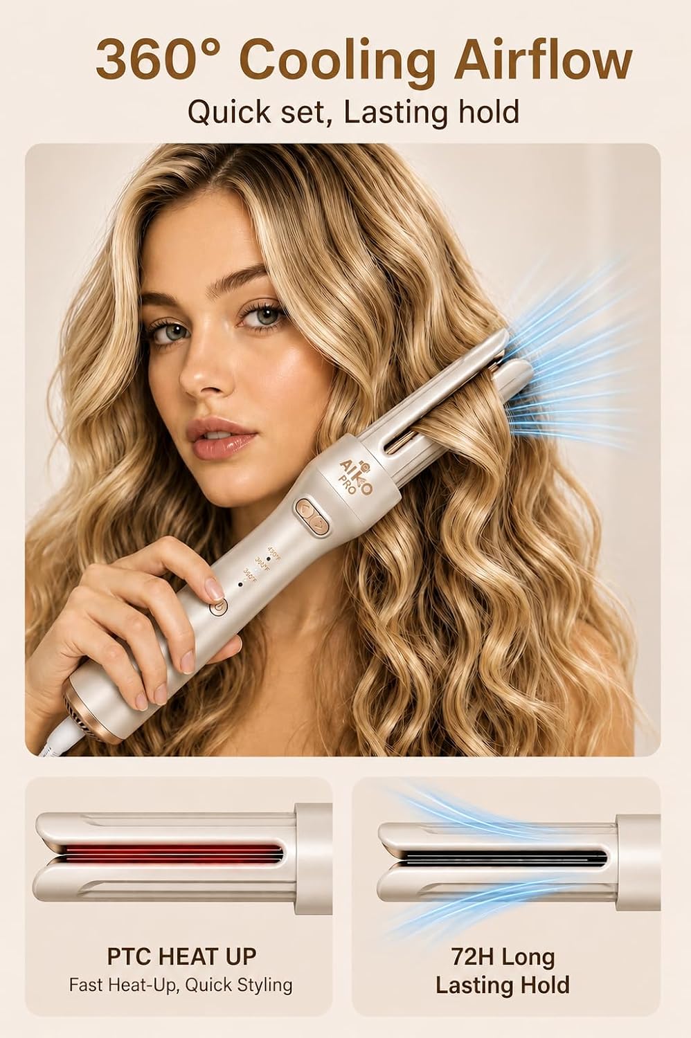 Cool Airflow Automatic Rotating Styler 3.0 AirSet Technology, AeroCurve Hair Curler for Tangle-Free, Lasting Bounce & Shine, Low Heat Risk, Global Use, 3 Temp Settings