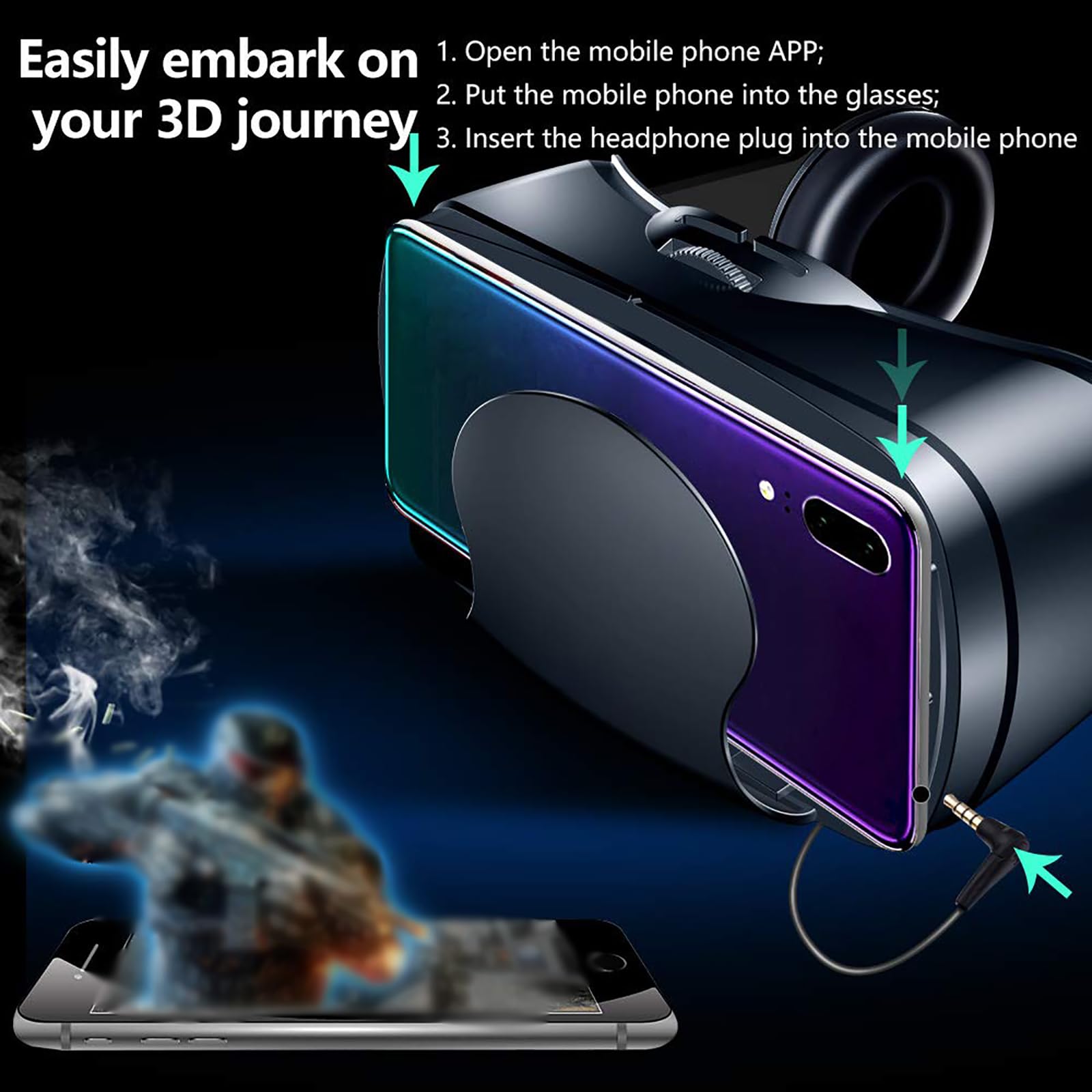 Visore per Realtà Virtuale 3D, Visore VR Anti Luce Blu, Qualità Audio Eccezionale, Protezione per Gli Occhi Dai Raggi Blu-Ray, Leggero E Compatto, per Smartphone Android 5-7 Pollici,Black