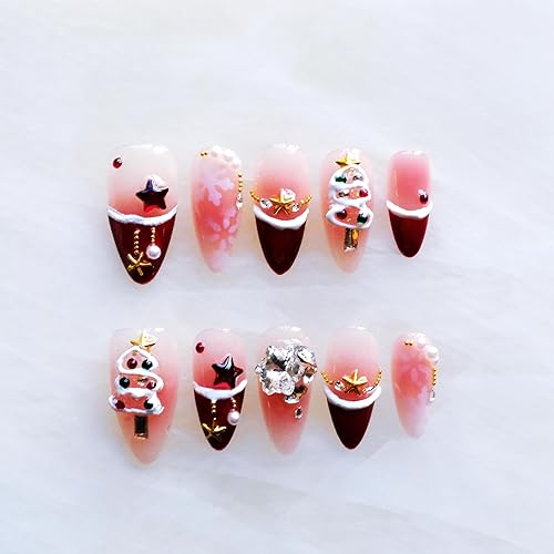 Christmas Press-on Nails, Medium Length Almond Shape, 3D Design with
