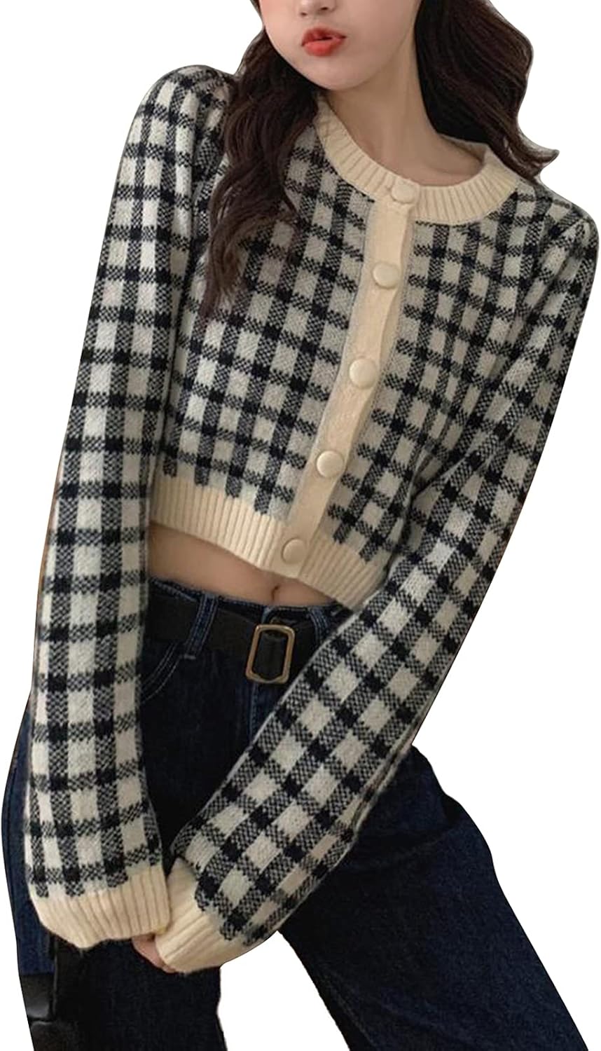 Women's Knit Cardigan Sweater Button Down Crewneck Plaid Print Slim Fit
