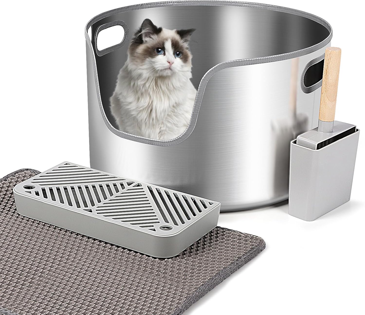 Bartuke Stainless Steel Cat Litter Box, Round High Sided Metal Litter Tray with Scoop, Filter Pedal, Non-Sticky, Non-Odor, Easy Cleaning