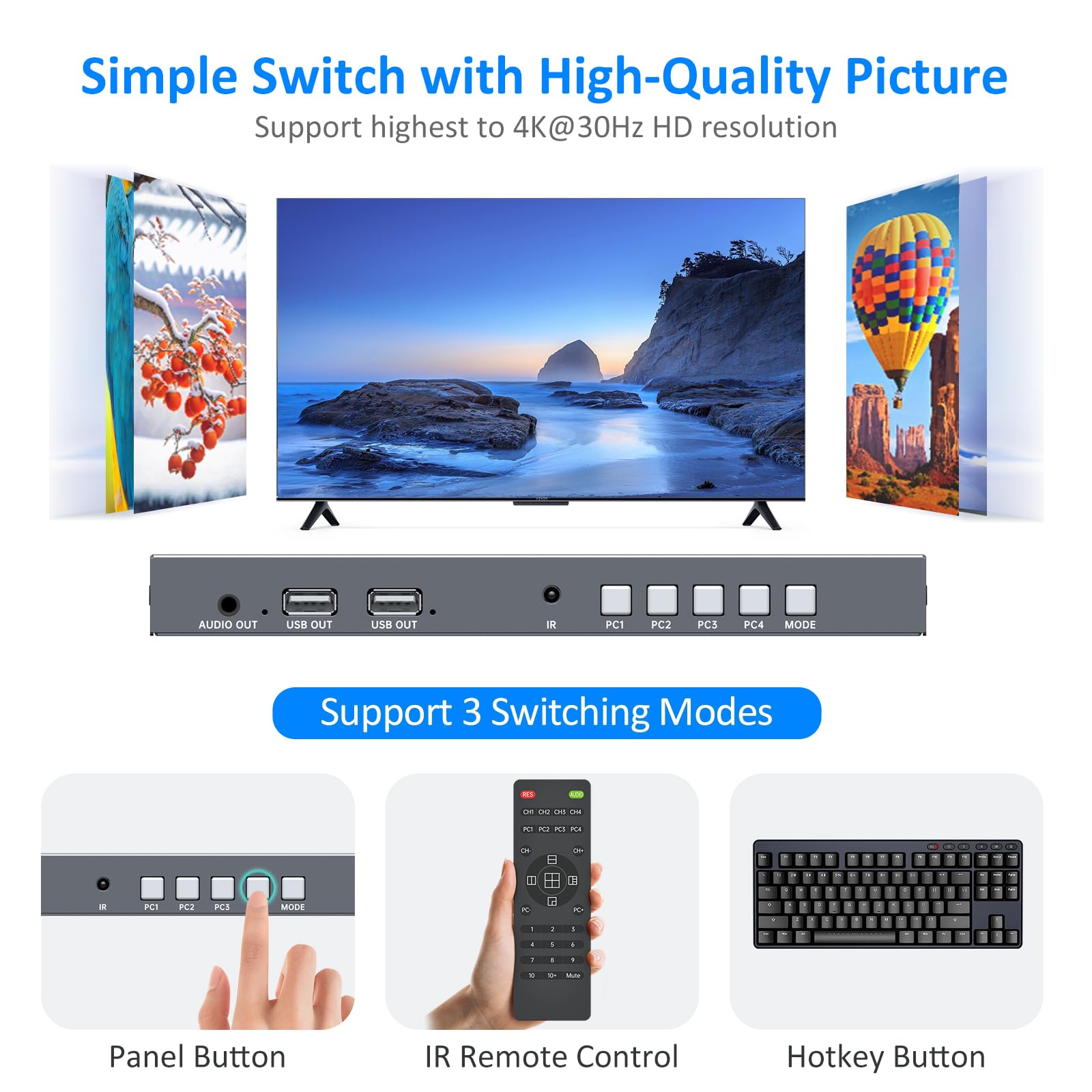 4 puertos HDMI KVM Multiviewer, Yinker 4x1 Quad Multiviewer Seamless Switcher soporta 4K @ 30Hz, Pip & POP Teclado Hotkey Switch 3,5 mm Salida de audio