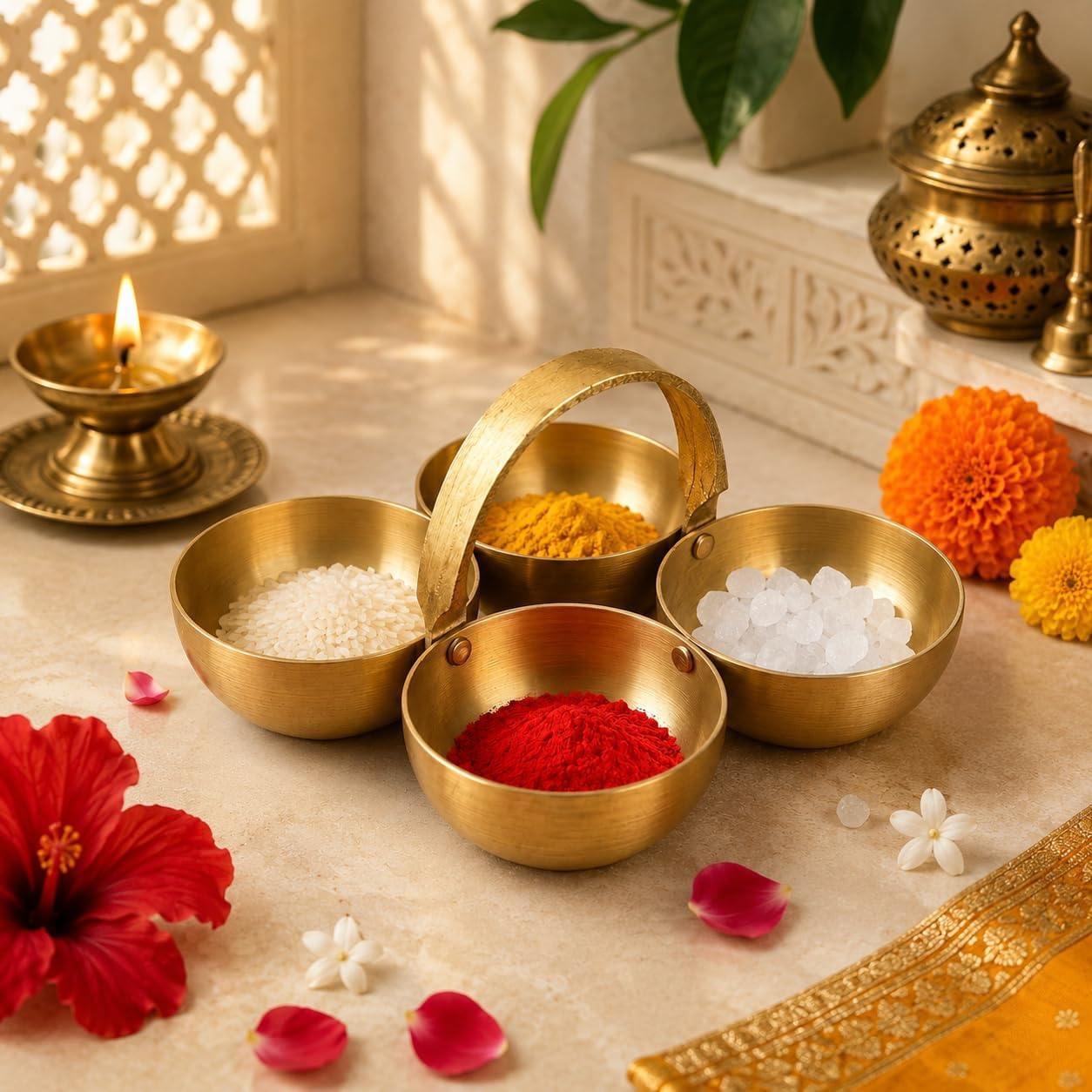 TIED RIBBONS Brass Kumkum Holder | Small Chowmukh 4 Bowl Stand Patra for Puja, Pooja Prayer, Haldi, Kumkum, Roli Gift | Panchpal Pooja Katori, Ganesh Chaturthi, Diwali, Navratri