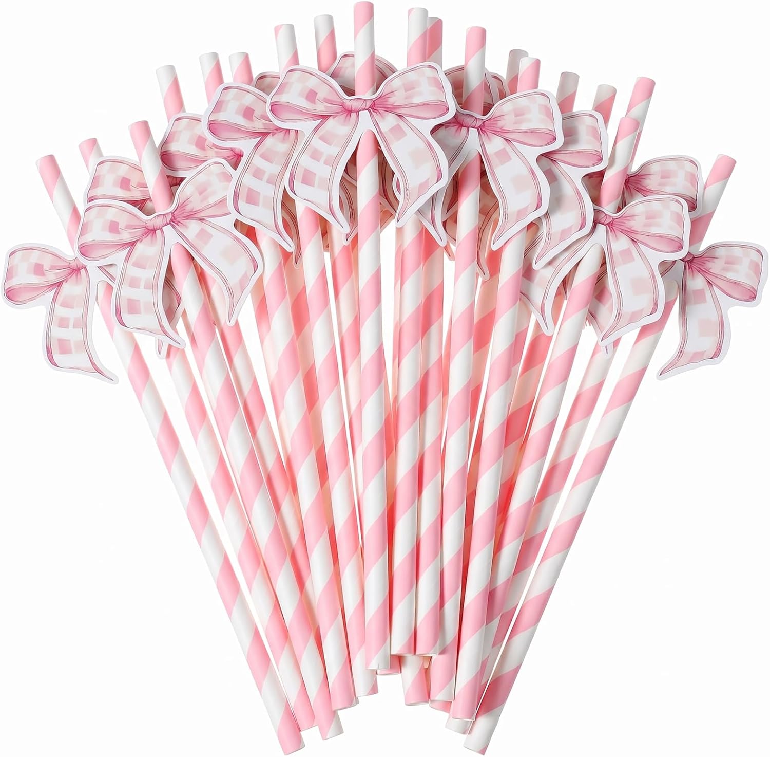 30Pcs Pink Bow Paper Straws for Drinking, Cute Pink Bow Party Straws Bulk for Juice Coffee Tea Cocktail Milkshake, Summer Pastel Theme Party Supplies for Birthday Wedding Picnic