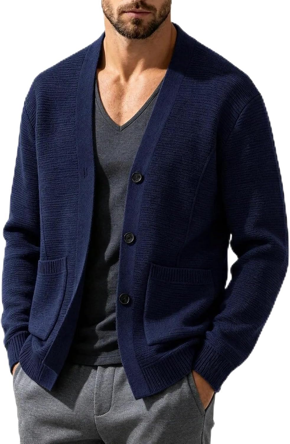 Mens Textured Knit Cardigan V Neck Button Front Casual Sweater Coat