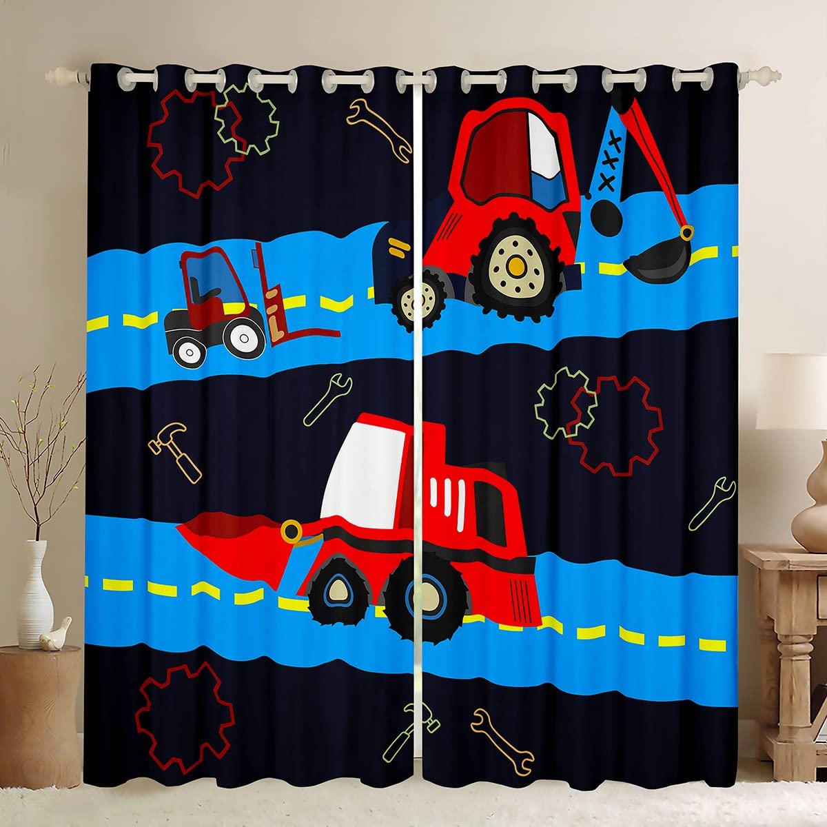 Cortinas de Ventana de construcción para niños, para Dormitorio, Sala de Estar, maquinaria de niños, Cortinas de Ventana de camión, Sitio de construcción, Cortinas de vehículos de Coche, excavadoras,