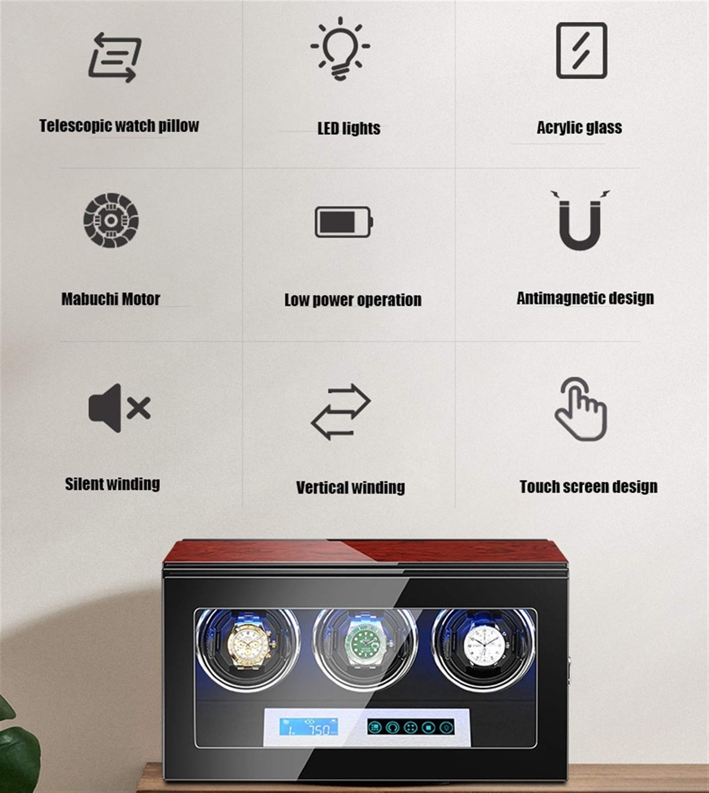 Orologi Auto -tornanti per 3 Orologi per Tutti Gli Orologi Meccanici Automatici con Motore Tranquillo e Luce a LED