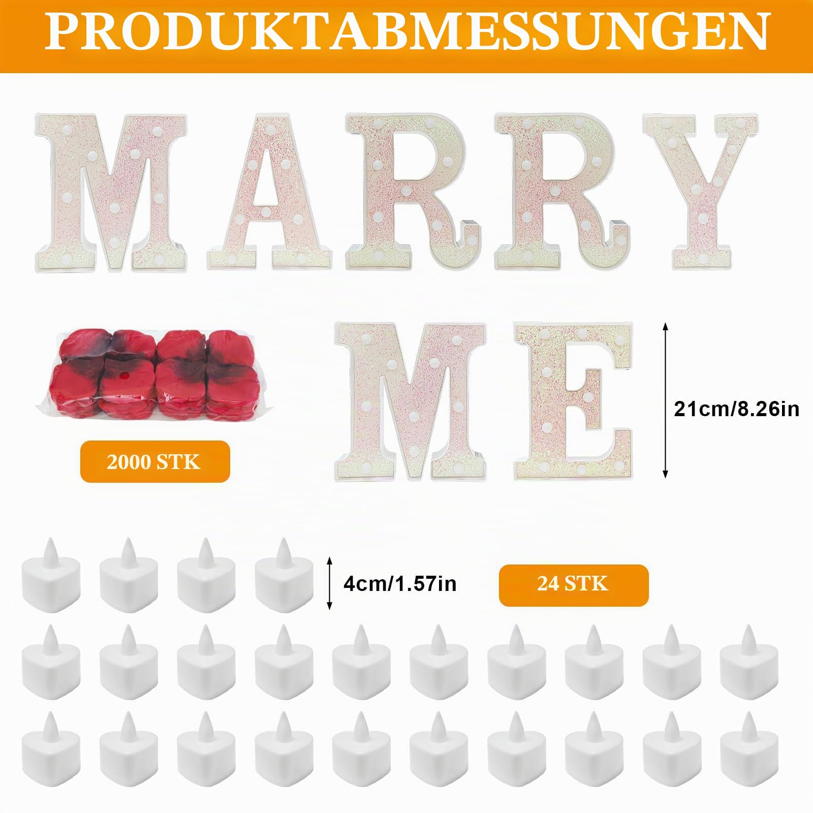 MeYuxg 2031 Stück MARRY ME Leuchtbuchstaben LED-Schild, MARRY ME-Schild mit 24 flammenlosen Herzkerzen, 2000 Rosenblättern für Heiratsantrag, Valentinstag, Verlobung, Hochzeit