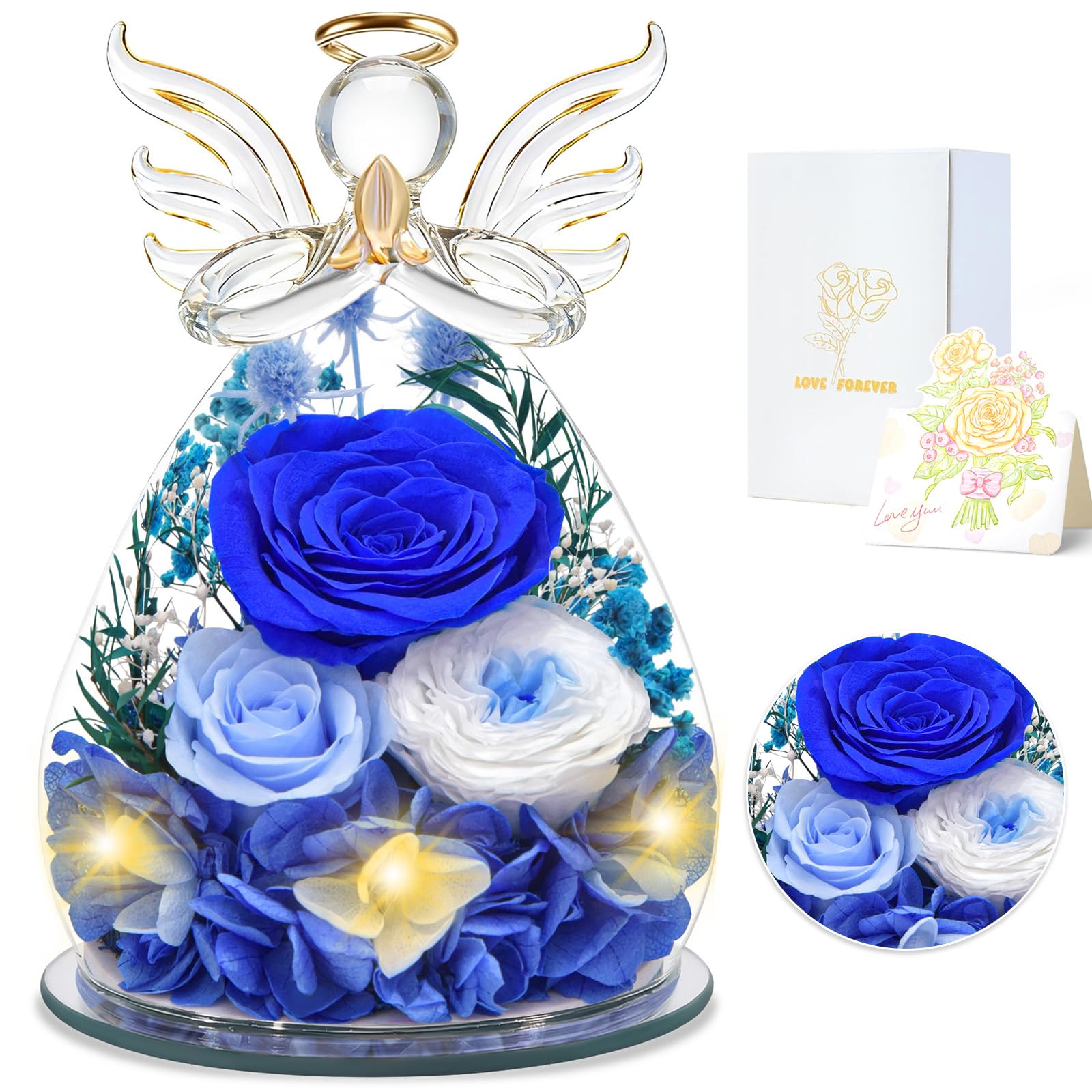 Regalos de Angel Rosa Eterna para Mamá, Regalo para Madre Abuela Novia, Regalo del Día de la Madre Flor Eterna con LED (1 Azul + 1 Azul Claro + 1 Rosa Blanca)