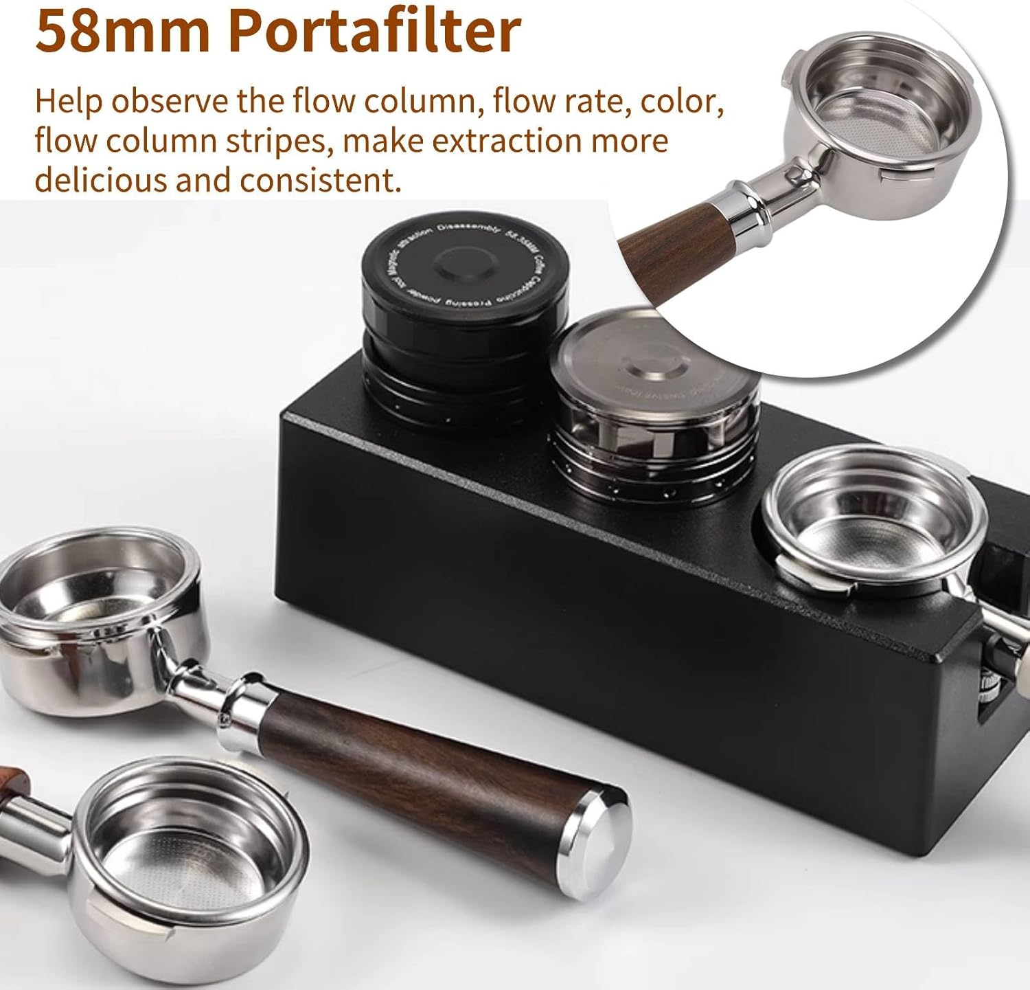 58mm Bottomless Portafilter,3 ears 58mm Portafilter Stainless Steel portafilters and Walnut wood Handle Espresso Machine Accessories (#2)