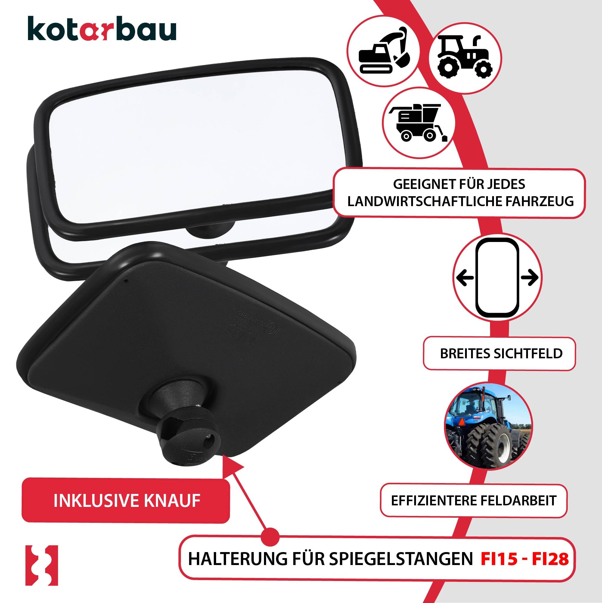 KOTARBAU® 2 Szt. Lusterko Uniwersalne 25x16,5 cm 2 szt. Ramię Lusterka 13X13 cm z Aluminium do Ciągnika Ładowarki Koparki PCV Sprzętu Rolniczego Zewnętrzne