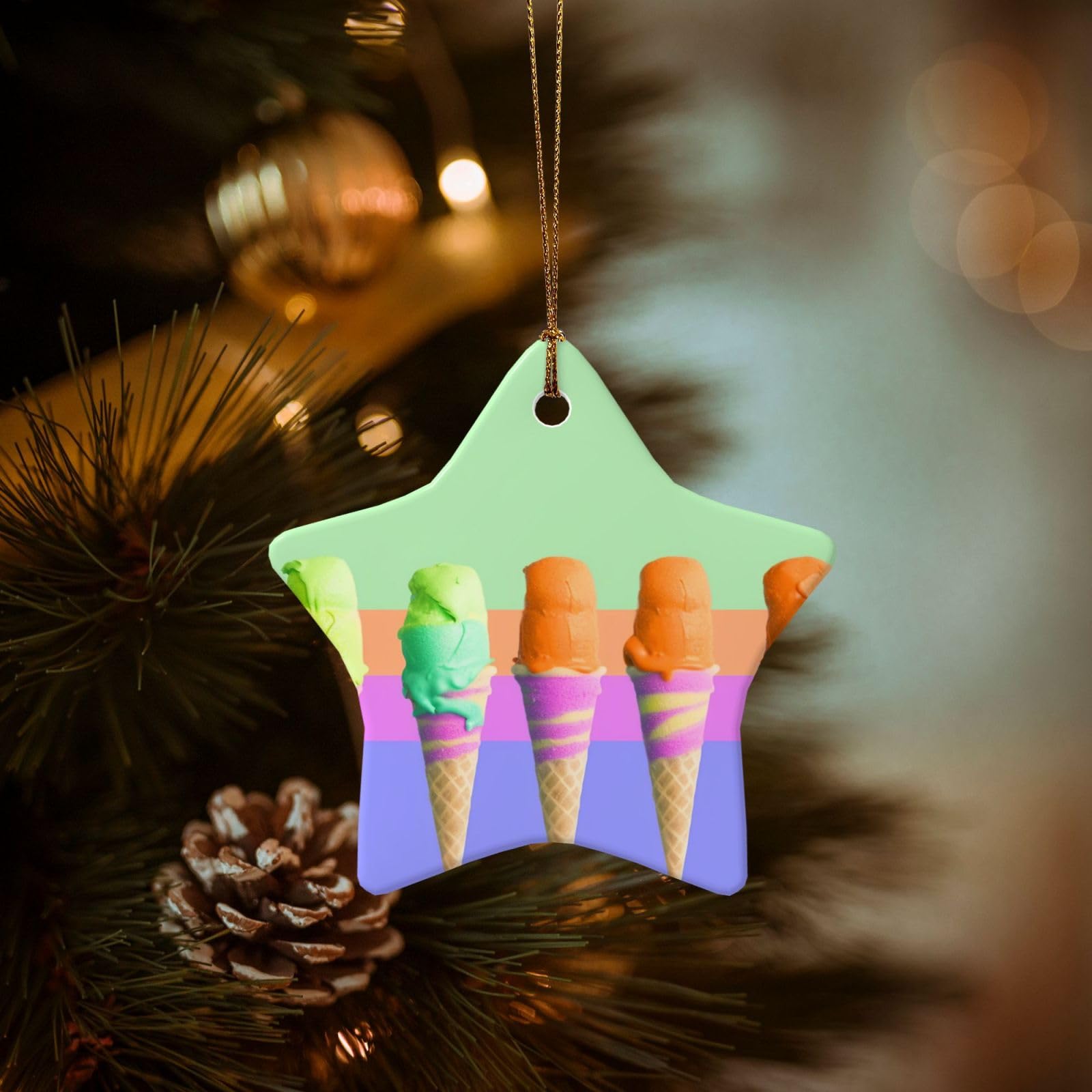 Christmas Tree Ornaments Ceramics Christmas Decorations Ice Cream Rainbow Gradient Ornaments with Gold Ribbon Porcelain Xmas Tree Crafts Star Shape Hanging Pendant for Christmas Tree Party Decor