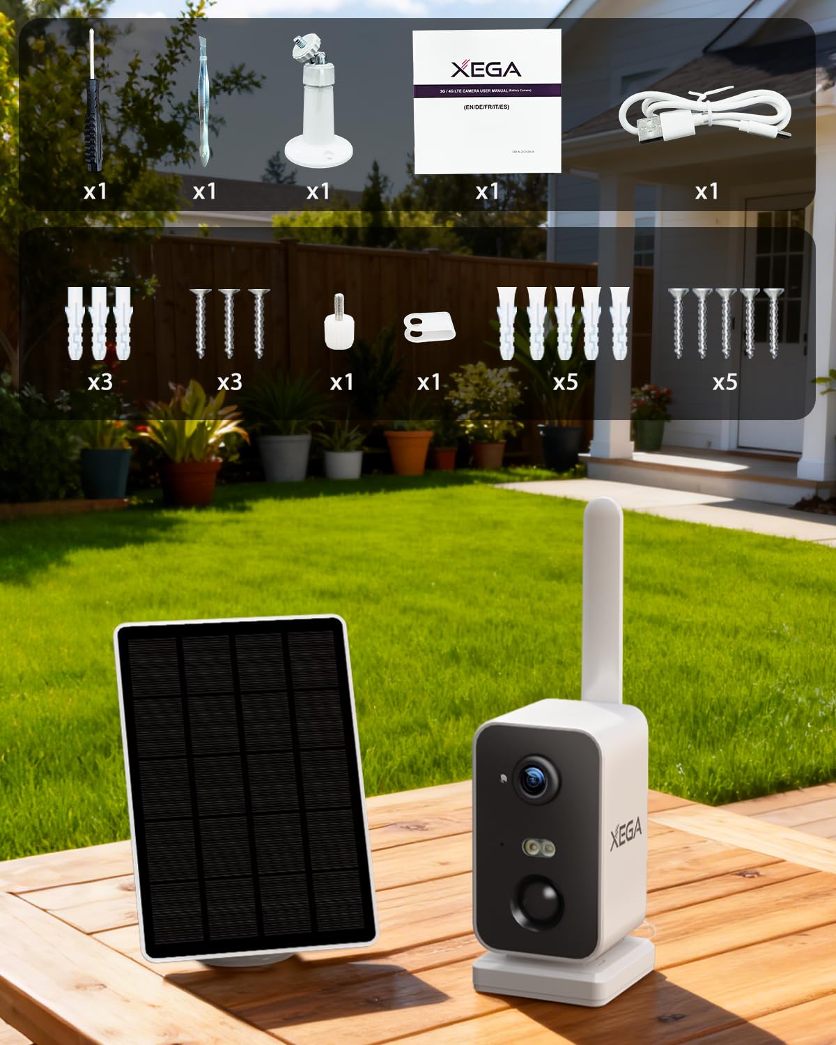 Xega Caméra 4G Solaire, SIM, Vision Nocturne Couleur, sans WiFi, Pan 180°