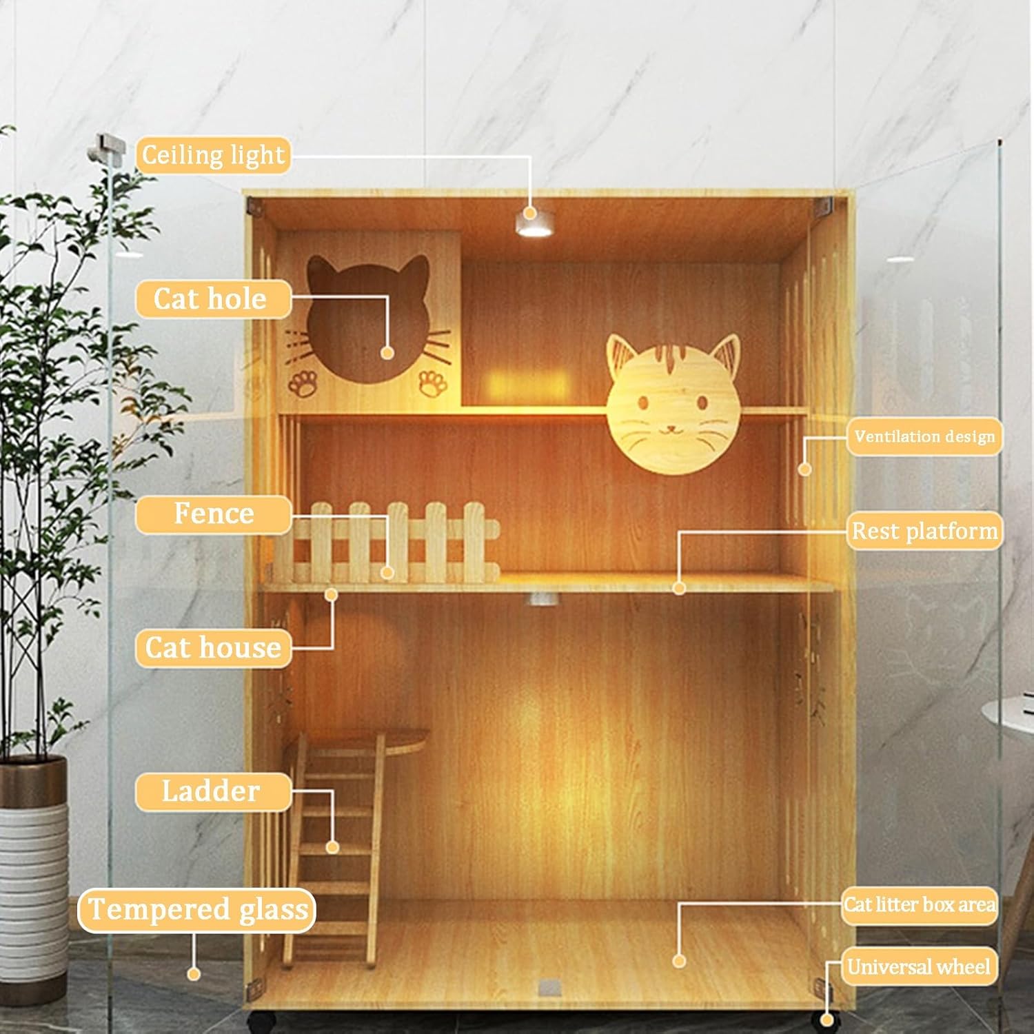 Cat Cage, Double-sided ventilation Cat Playpen, Solid wood extra large space, High-definition tempered glass, Suitable for 1-2 cats to exercise(47.2x59/120x150cm)