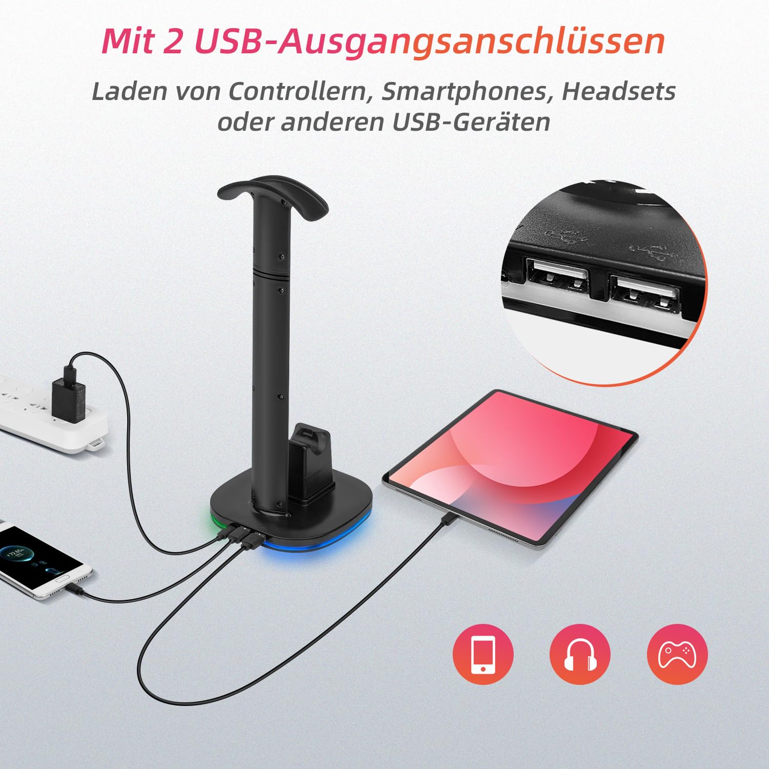 Game Controller Halter/Headset Ständer mit Ladestation für PS5 DualSense Controller, Kopfhörer Halter Gaming Zubehör mit 2 USB Anschlüss für PlayStation 5 DualSense Edge Controller Ladegeräts