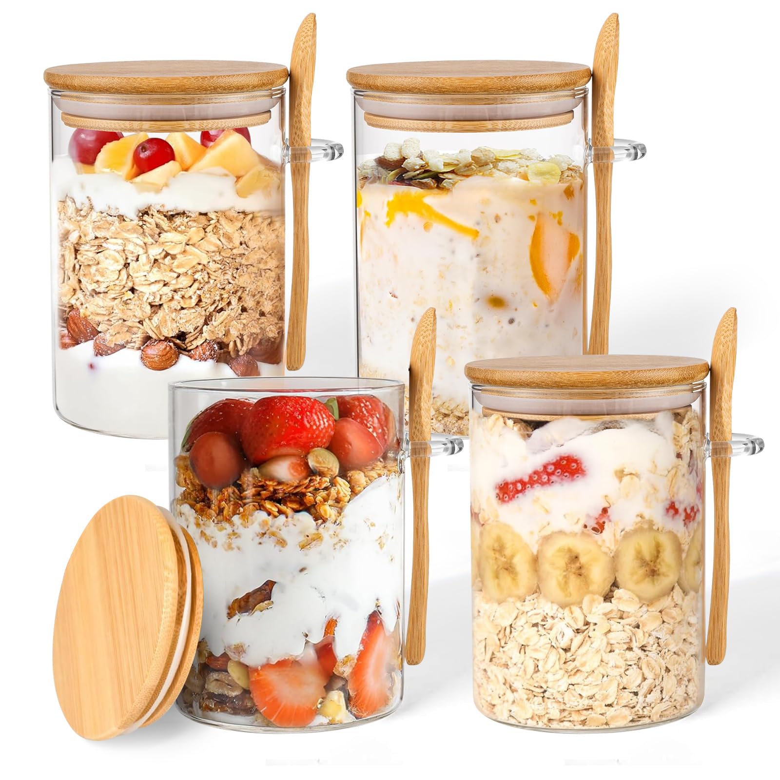 ZhouZGlass 16oz Overnight Oats Containers with Lids, Overnight Oats Jars with Spoons and Stickers, Leak-Proof Salad Meal Prep Jar for Cereal, Yogurt, Chia Pudding (4 PCS)