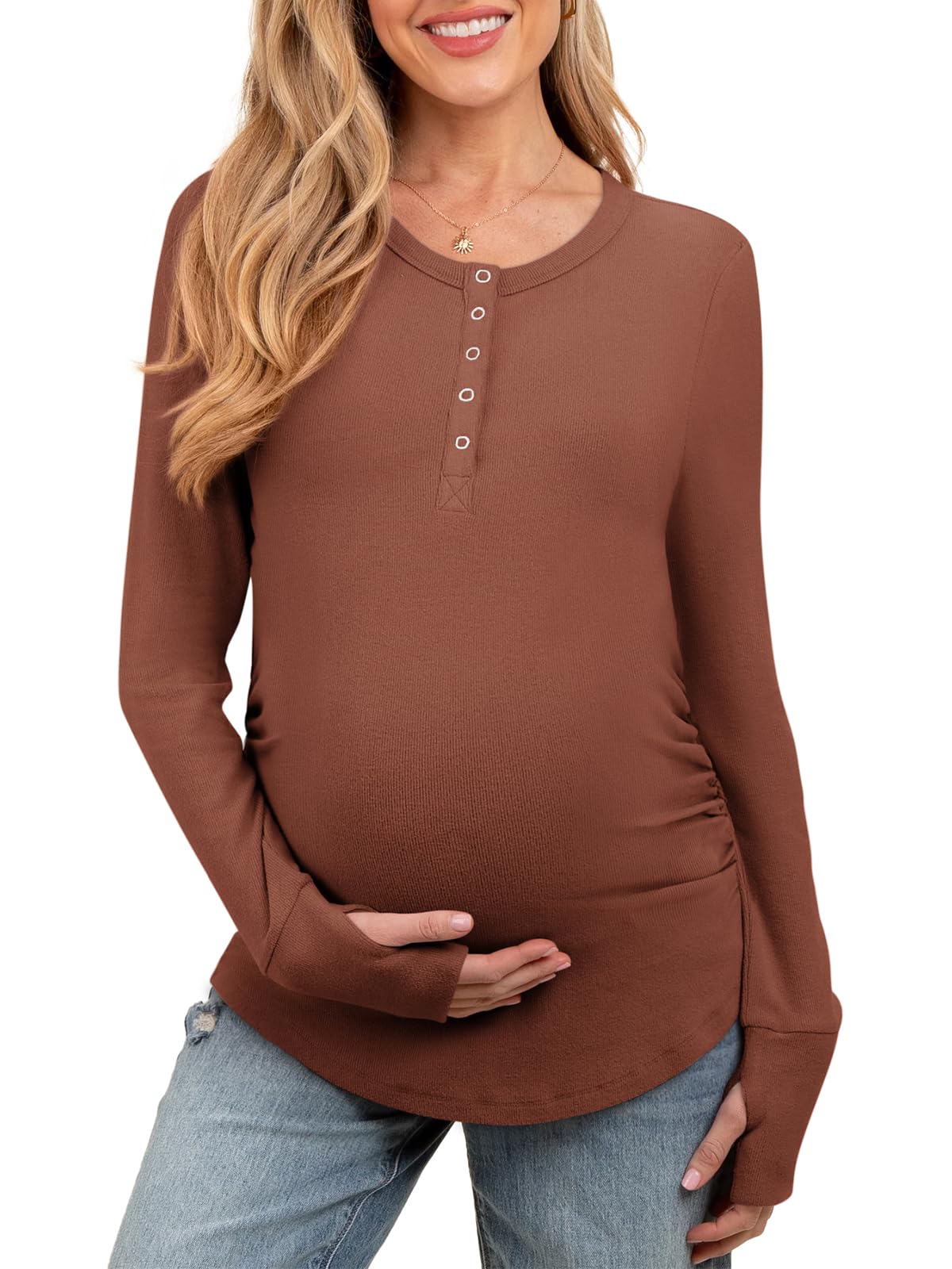 Womens Maternity Shirts Casual Long Sleeve Round Neck Button Side Ruched Pregnancy Clothes S-XXL