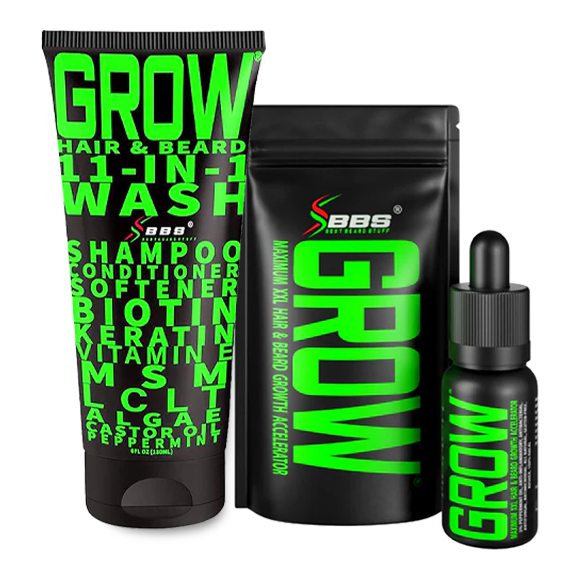 Beard Growth Kit w/GROW XXL Beard Serum for Maximum Facial Hair & Conditioner + GROW 11-in-1 Mens Shampoo & Conditioner (Hair Growth Shampoo for Men w