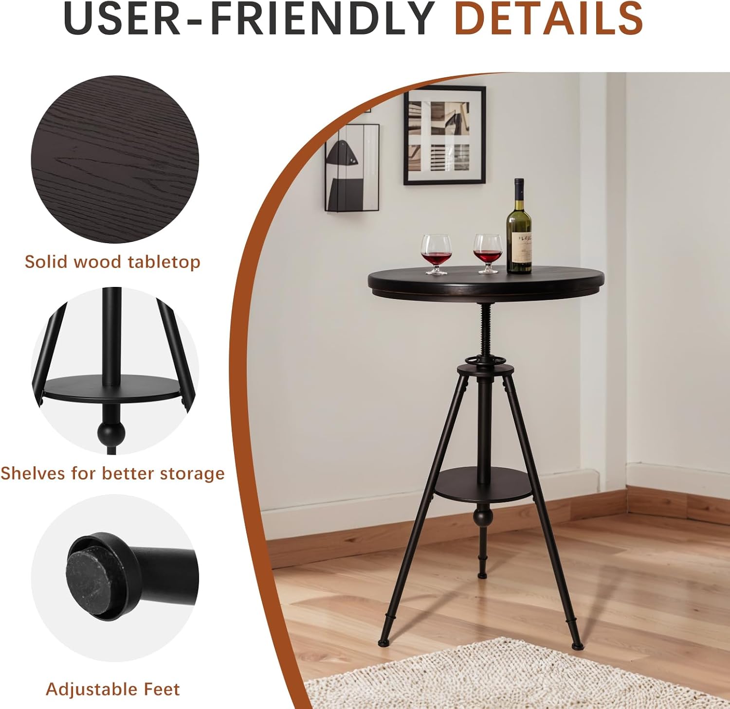 33.46”-39.37” Height Adjustable Bar Table - 23.62" Rotating Solid Pine Wood Round Tabletop - Metal Base with Footrest - Space Saving Furniture Modern Industrial Style - Black