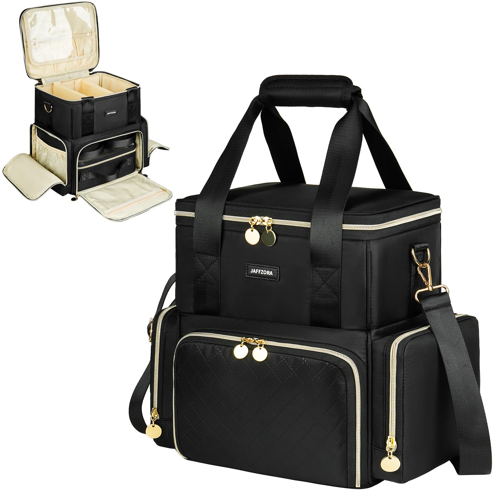 Jaffzora Extra Large Makeup Bag with 3 Removable Cases, Double Layers Travel Cosmetic Storage Organizer Bag with Detachable Dividers, Black