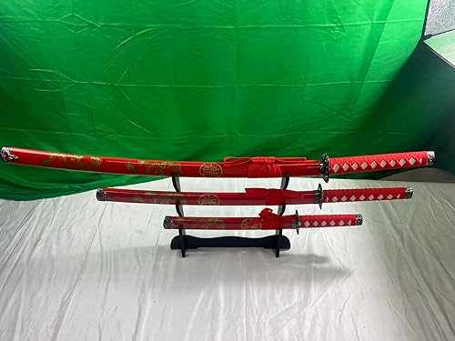 Miniatura 8 de Kinstore Juego de espada samurái japonesa tradicional hecha a mano de 3 piezas con soporte de exhibición. Katana, Wakizashi, espadas Tanto. Dragón