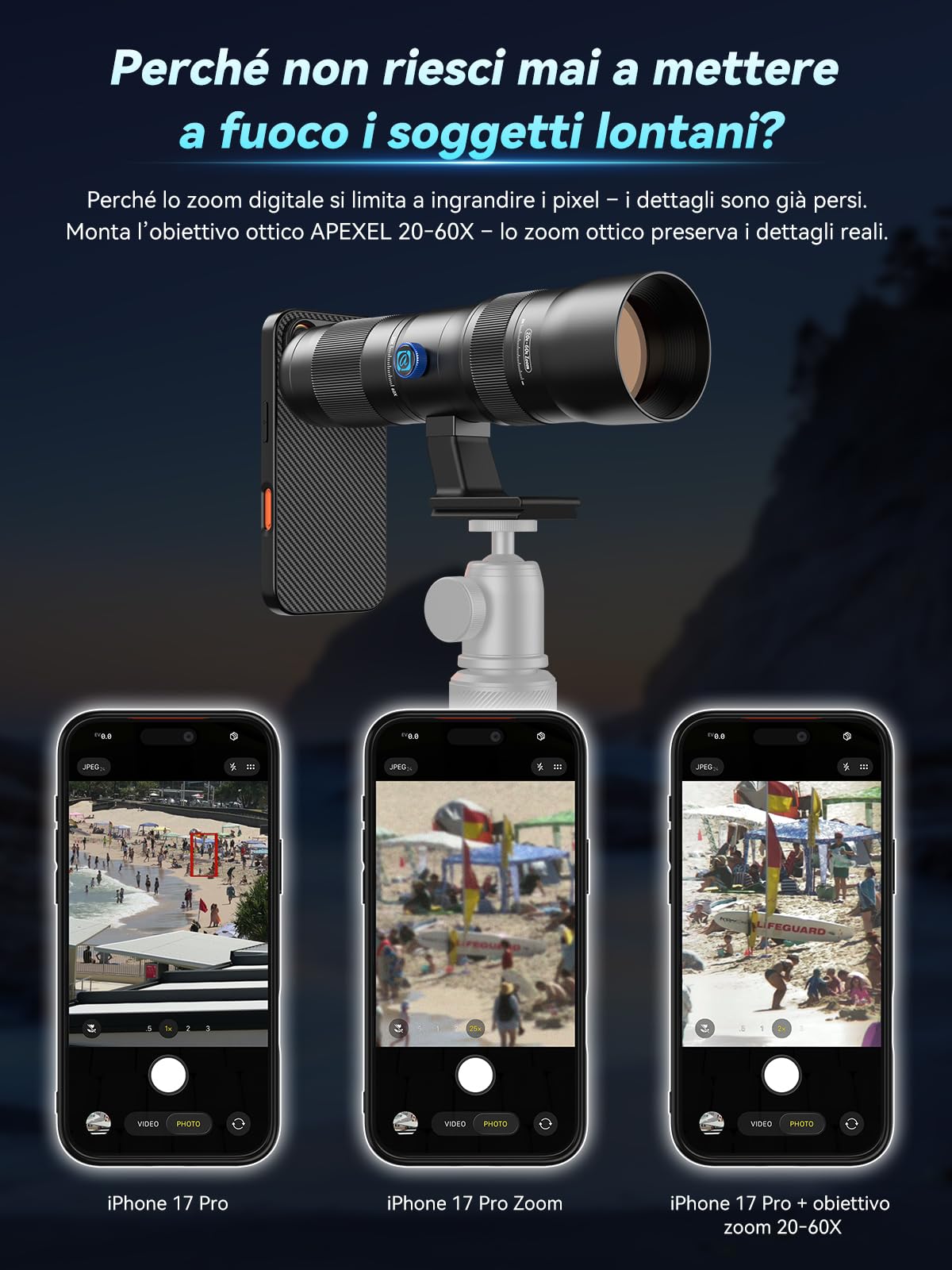 APEXEL Obiettivo zoom 20-60X con custodia integrata per iPhone 17 Pro - Teleobiettivo zoom professionale