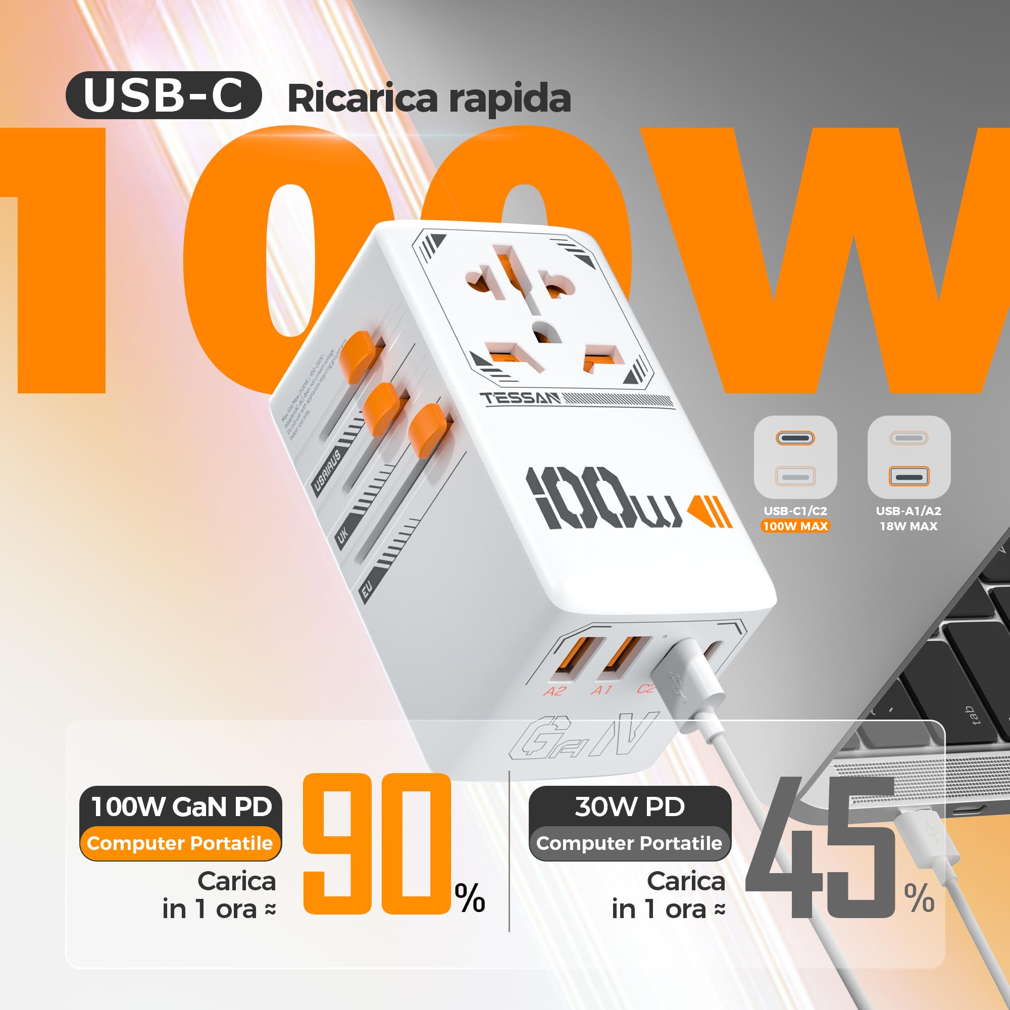 TESSAN 100W GaN Adattatore Universale da Viaggio, Caricatore 100W, Presa Universale da Viaggio con 2 USB A e 2 USB C, Adattatore Presa Spina per UK, USA, Australia, Tailandia, Giappone