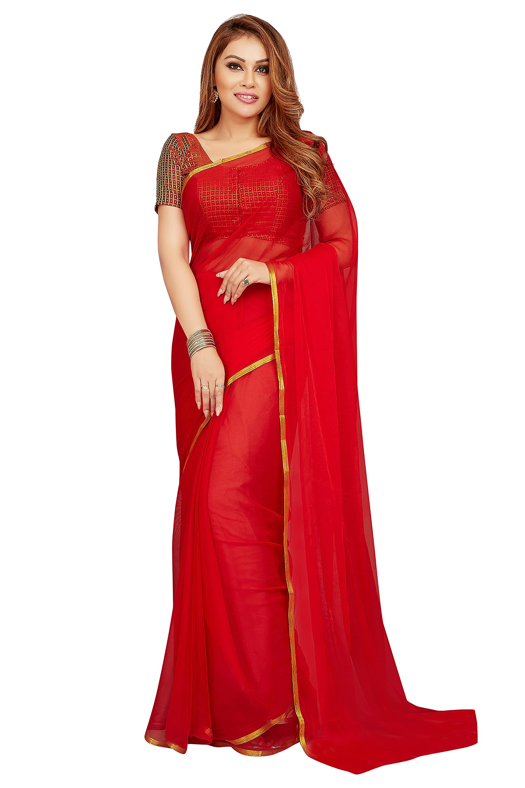 RANI SAAHIBA Women's Chiffon Printed Saree With Blouse Piece, Black, 5.4m