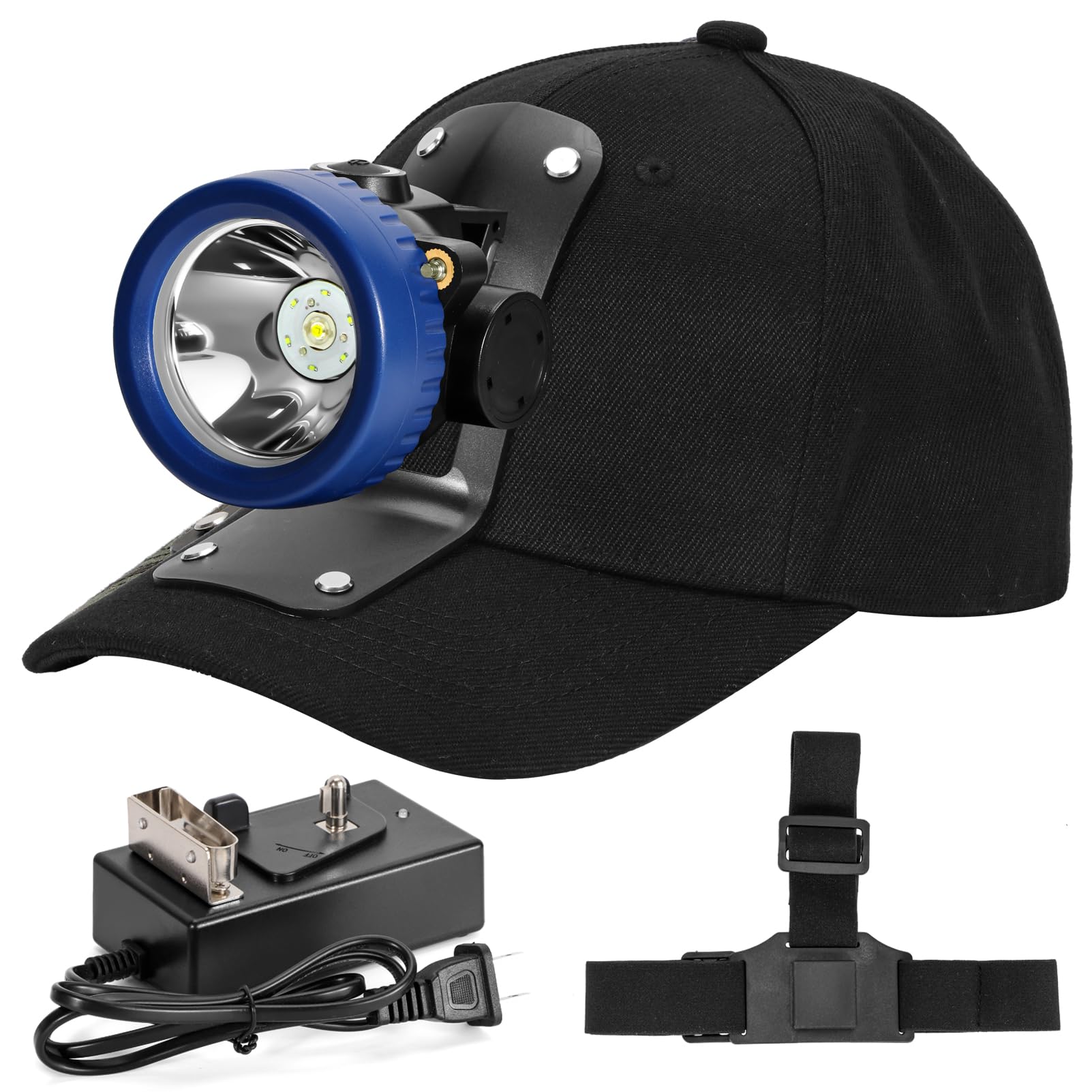 Lokilo Super Bright 1+6 LED Mining Headlamp,Rechargeable Waterproof Headlight with Miner Cap,Long Lasting,Lightweight Perfect for Work Camping Hiking and Emergency Use White Light (Blue with Hat)