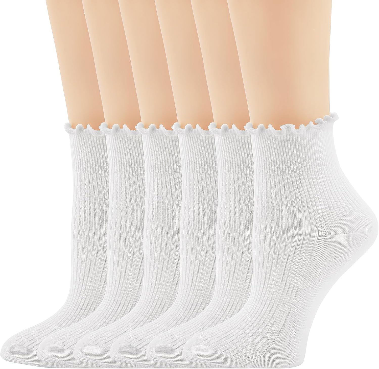 Yawlsow Women's Ruffle Socks, 6Pairs Cute Frilly Ankle Turn-Cuff Casual Socks, Frilly Edged, Knit Cotton Lettuce Crew sock