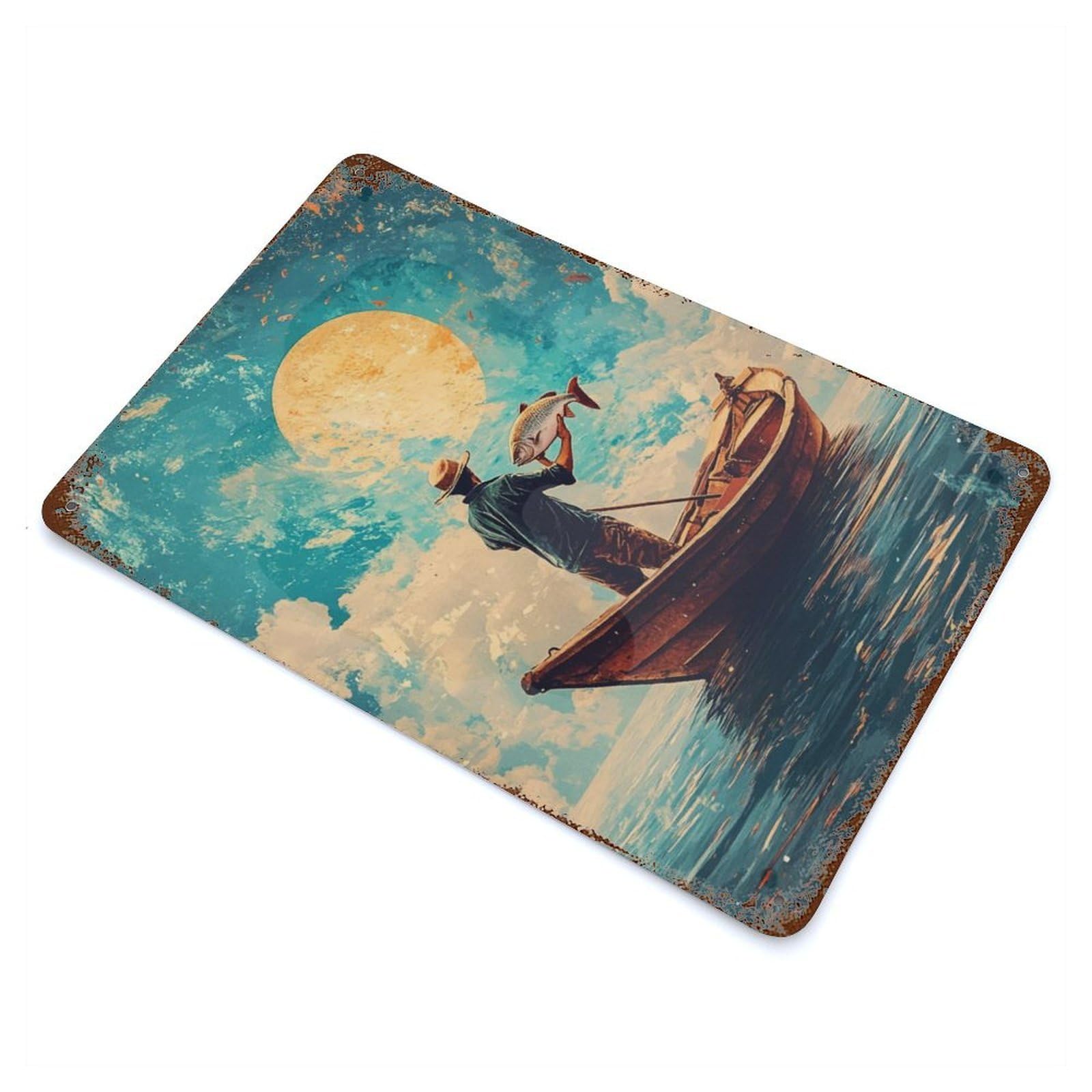 Fisherman Under Giant Moon Rust Effect Tin Sign 11.8"x7.9", for Bistro, Counter And Cafe Decor, Shabby Chic Decor