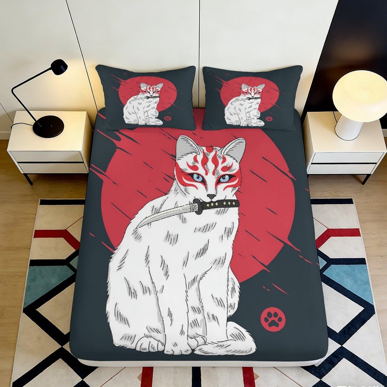3D Printed Samurai Cat Fitted Sheet Microfiber Soft Anti-Slip Japanese Mask Bed Cover for Bedroom Dorm Decor 160x200x25cm