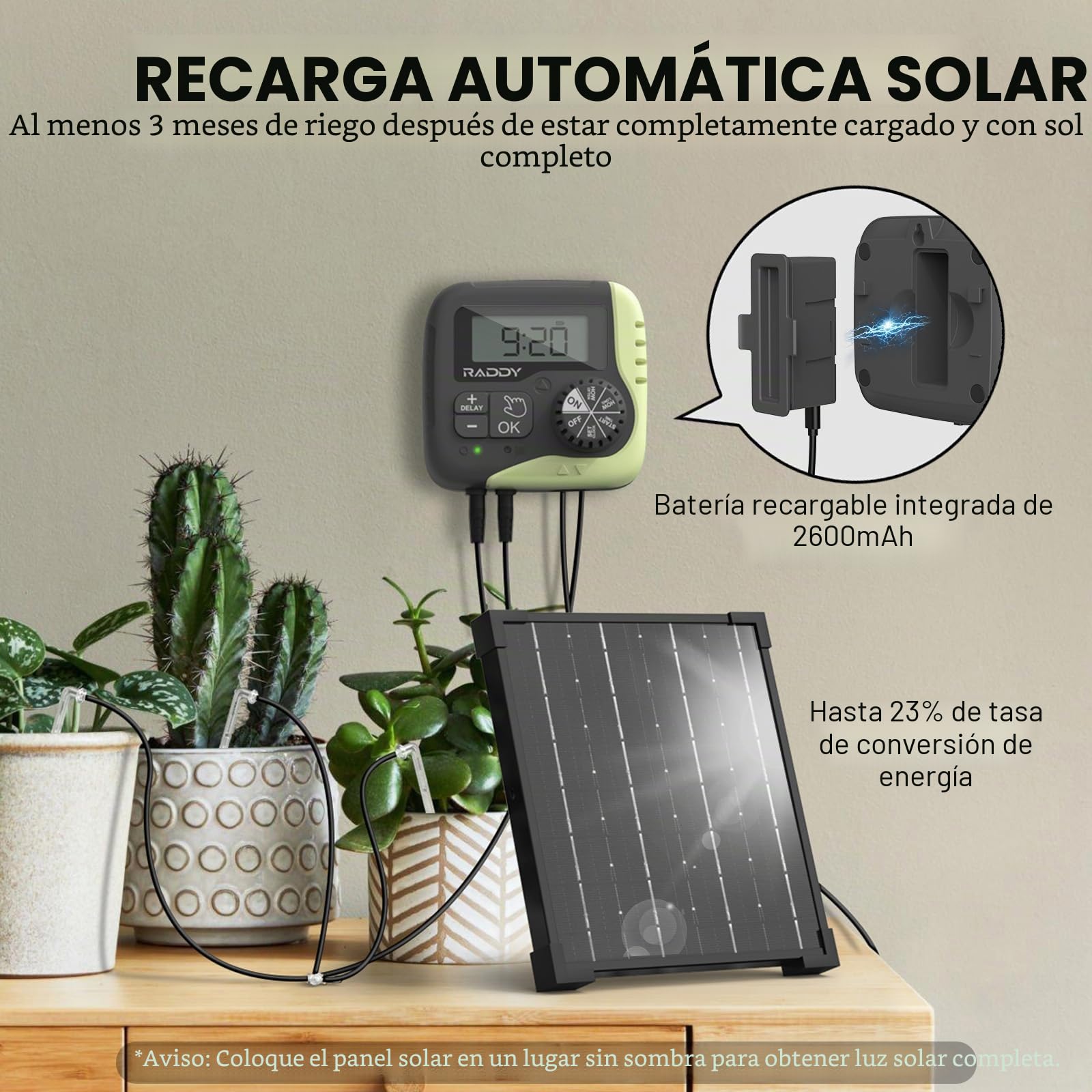 Raddy WS-1 Kit de riego por goteo, sistema de riego automático alimentado por energía solar de 5 W, temporizador de agua fácil para plantas en el balcón, jardines y invernaderos, compatible con 15
