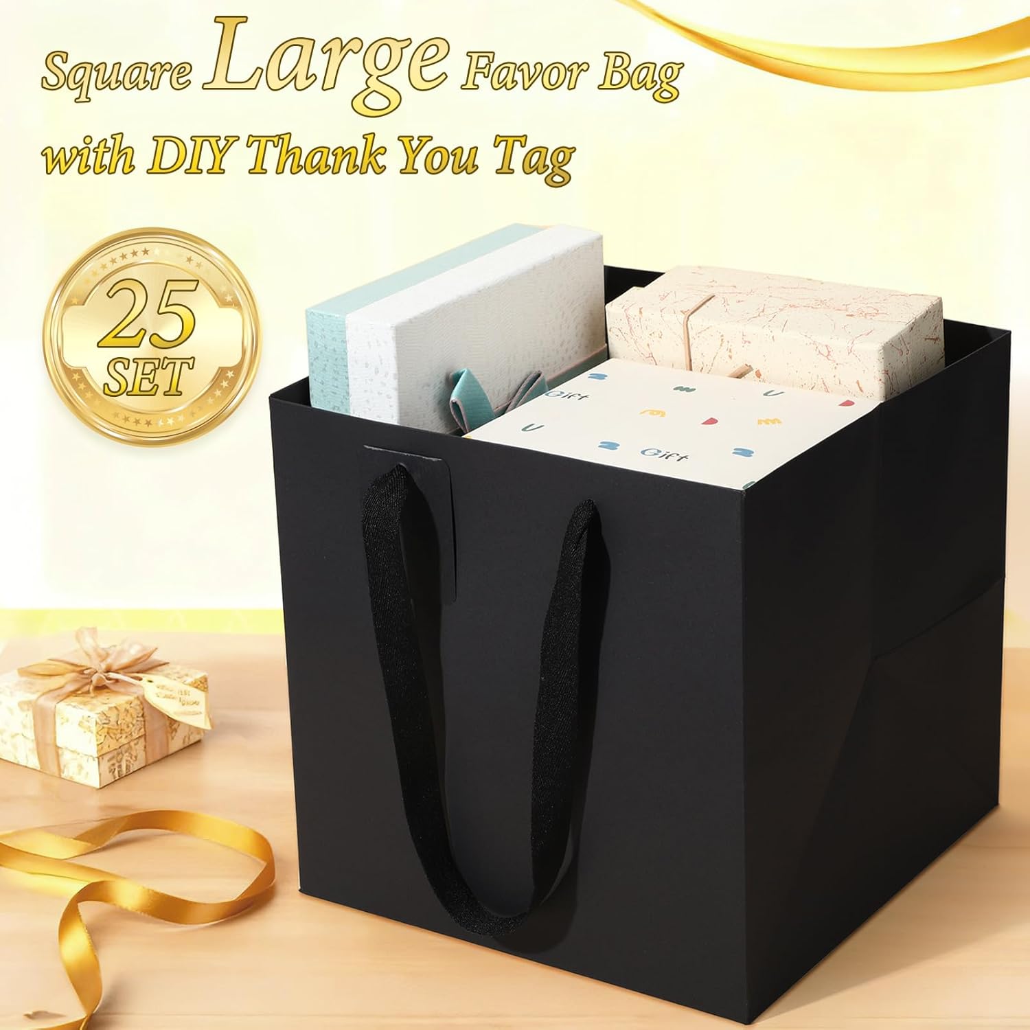 Windyun 25 Pcs Paper Gift Bags with Handle 10 x 10 x 10'' Square Small Favor Bag with DIY Thank You Tag for Birthday Wedding Bridal Shower Bridesmaid Graduation Party (Black) - Image 3