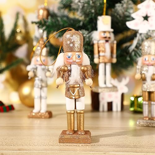 Miniatura 9 de PRETYZOOM Figuras de cascanueces de Navidad de madera, adornos para árbol de Navidad (oro blanco)