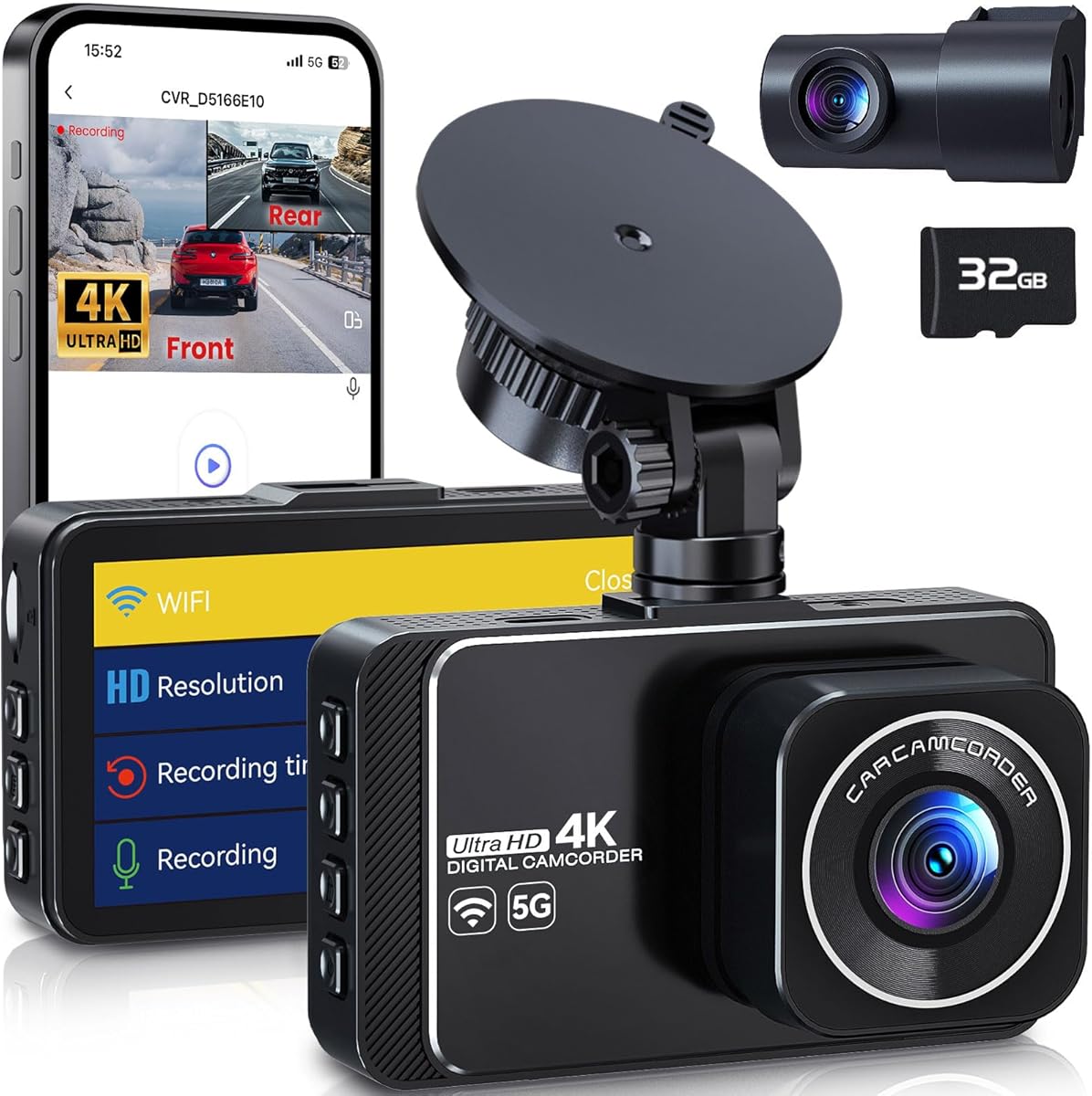 Dash Cam Front and Rear Camera with App Control, 4K dashcam Front & 2K Rear with 5G WiFi, Night Vision, G-Sensor, Loop Recording & 24H Parking Mode, 170°Wide Angle, 32GB Card