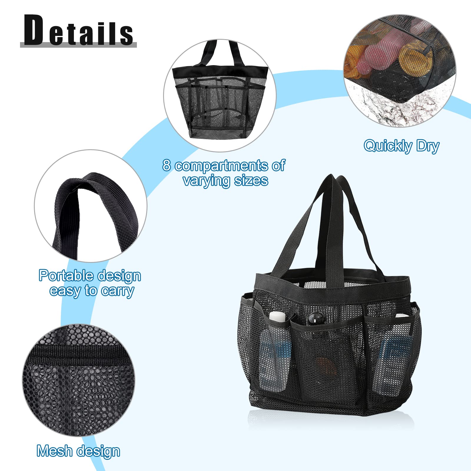 FuninCrea Mesh Shower Caddy, Portable Foldable Quick Dry Mesh Shower Bag With 8 Pockets for Bath Organizer Dorms Beach Travel (Black) - Image 3