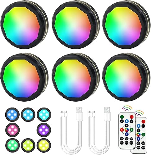 Luces de disco recargables para debajo del gabinete, paquete de 6 luces LED de armario con control remoto, 16 colores, carga USB, luces nocturnas
